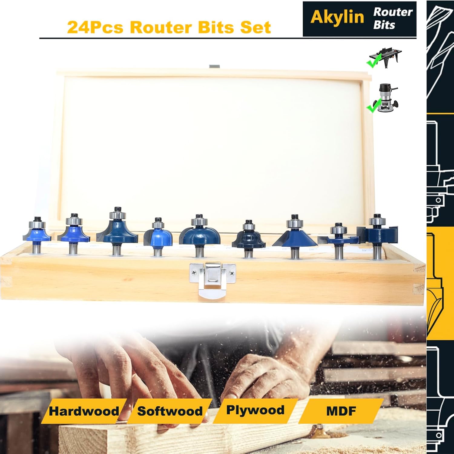 24pcs Router Bit Set,1/4 inch Shank,24 Pieces Carbide Tipped Router Bits/Router Cutters for Woodworking Beginners with Wooden Case