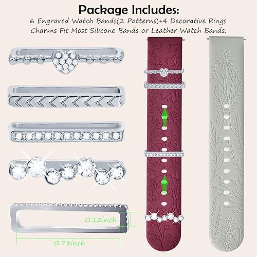 Miniatura 2 de Sunflower Engraved Bands for Samsung Galaxy Watch 7654 Band with 5 Charms, 20mm Women Floral Silicone Strap with Decorative Rings Loops for Active