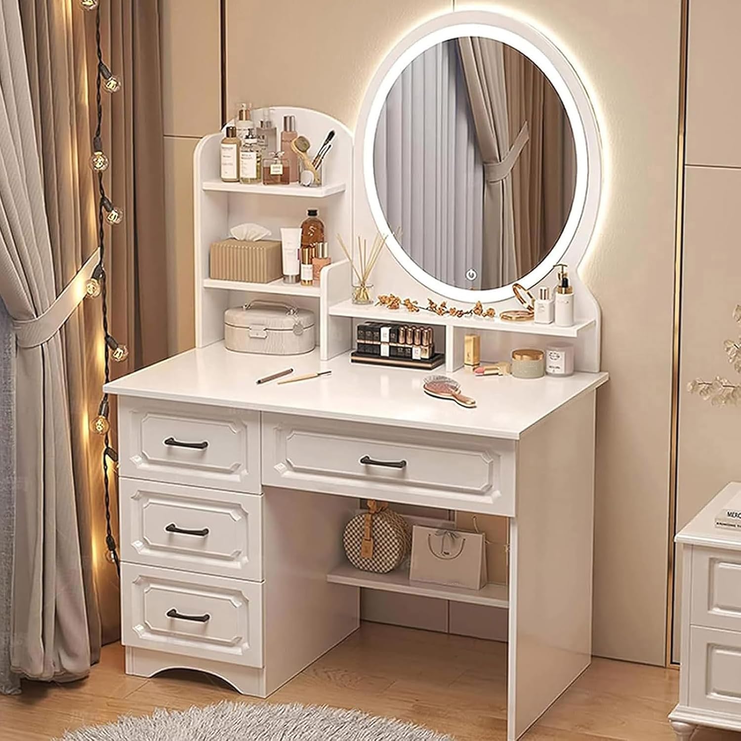 Dressing Table Makeup Table with Flip Top Mirror and Removable Storage Padded Seat Stool Led Smart Glass Dressing Table Chair Set，LED Makeup Vanity Table with Mirror 3 Color Lighting 4 Stora