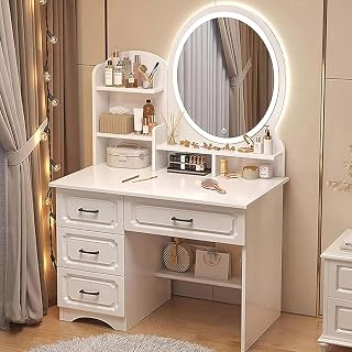 Modern Makeup Vanity Table with LED Light & Mirror 4 Drawers Open Shelves Large Storage 80x37x130 cm White Dressing Table for Beauty & Skincare.
