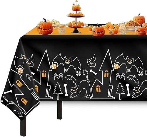 Miniatura 8 de Mantel de Halloween, paquete de 3 manteles de plástico desechables de 54 x 108 pulgadas, suministros para fiesta de Halloween, mantel de plástico,