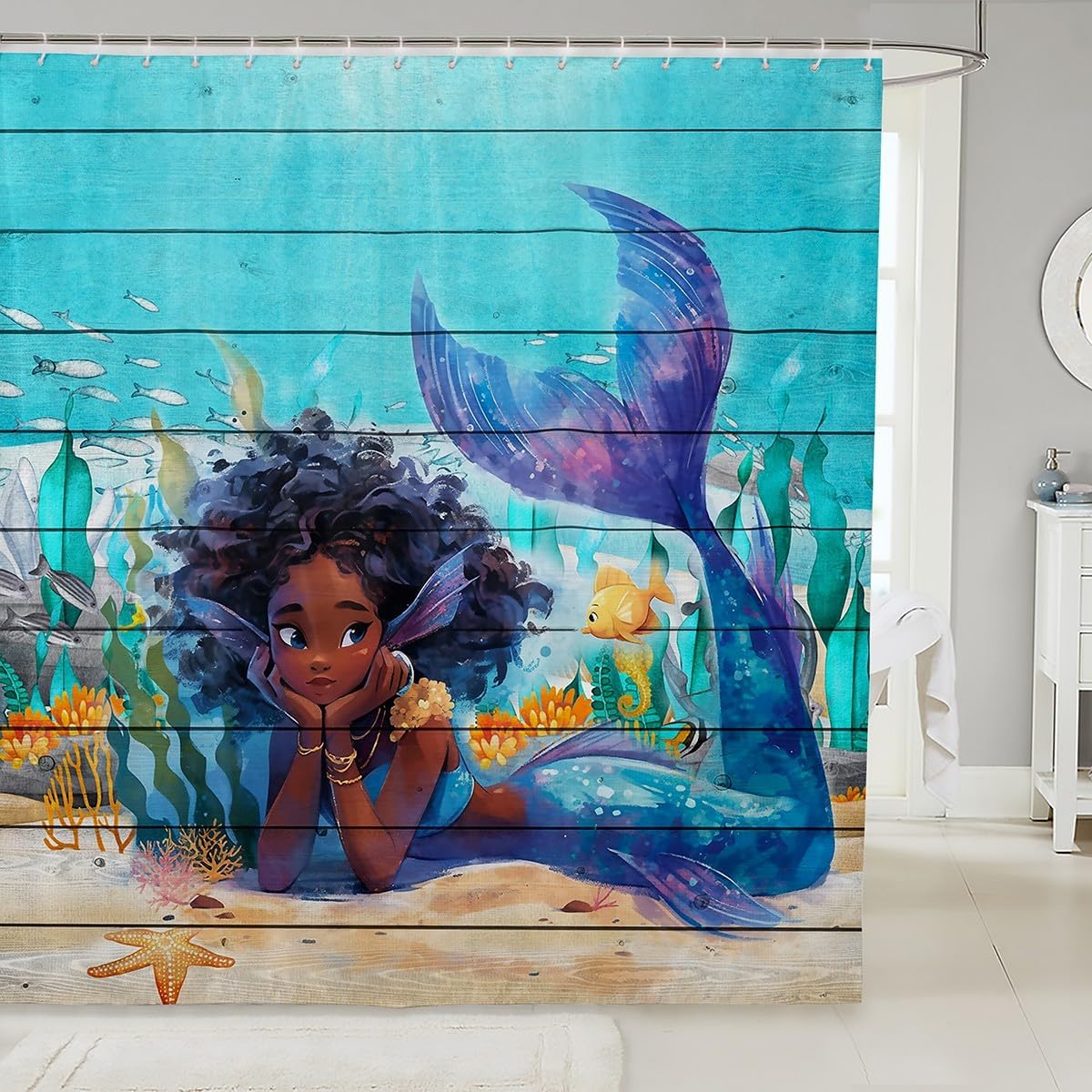 Castle Fairy Cute Girl Mermaid Shower Curtain,African Blue Mermaid Princess Bath Curtain,Ocean Fish Coral Microfiber Waterproof Fabric with Hooks for Stalls Bathtubs Bathroom, 72Wx78L inch