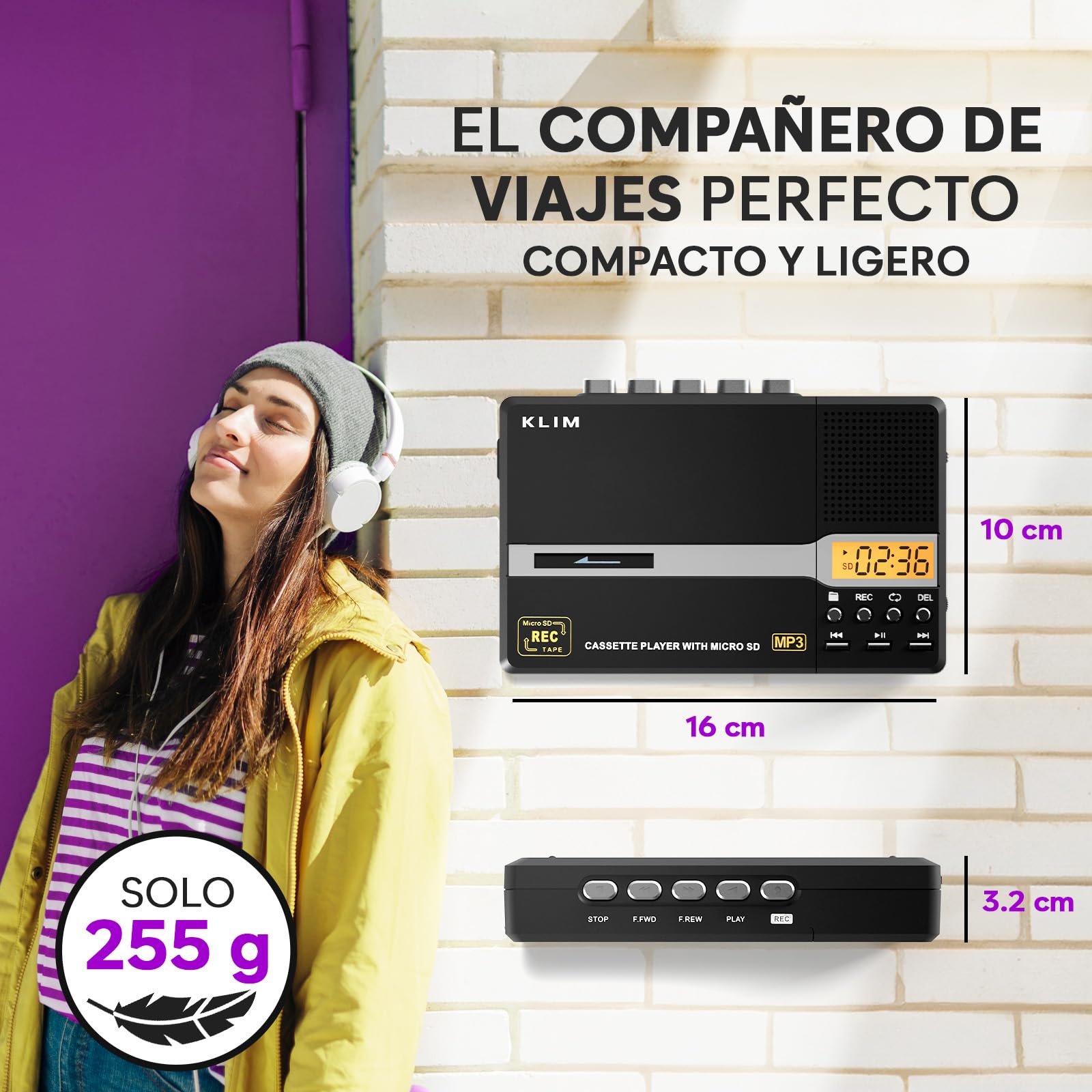 KLIM K10 Reproductor Cassette Portátil & Grabadora Cassette & Convertidor a MP3 + Micrófono & Altavoz Integrados + Transferencia USB PC + Pilas/USB + Tarjeta SD 8GB + Auriculares - Negro