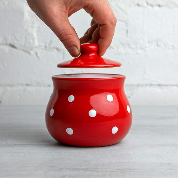 City to Cottage Ceramic Sugar Bowl with Lid, 10oz Sugar Contanier for Coffee Bar, Sugar Dispenser Bowl, Salt - Condiment Pot for Kitchen Counter, Handcrafted Red Polka Dot Sugar Jar
