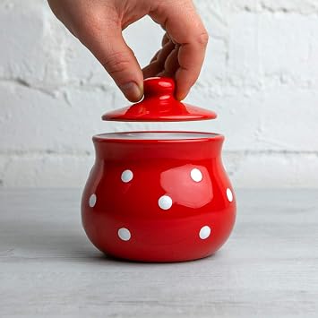 City to Cottage Ceramic Sugar Bowl with Lid, 10oz Sugar Contanier for Coffee Bar, Sugar Dispenser Bowl, Salt - Condiment Pot for Kitchen Counter, Handcrafted Red Polka Dot Sugar Jar