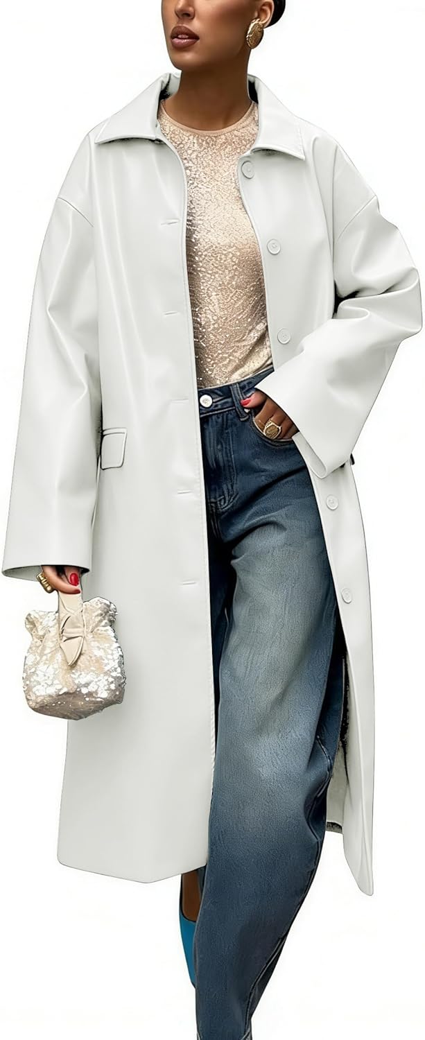 chouyatou Women's Faux Leather Long Trench Coat Casual Lapel Single Breasted Pu Leather Jacket Outerwear Overcoat