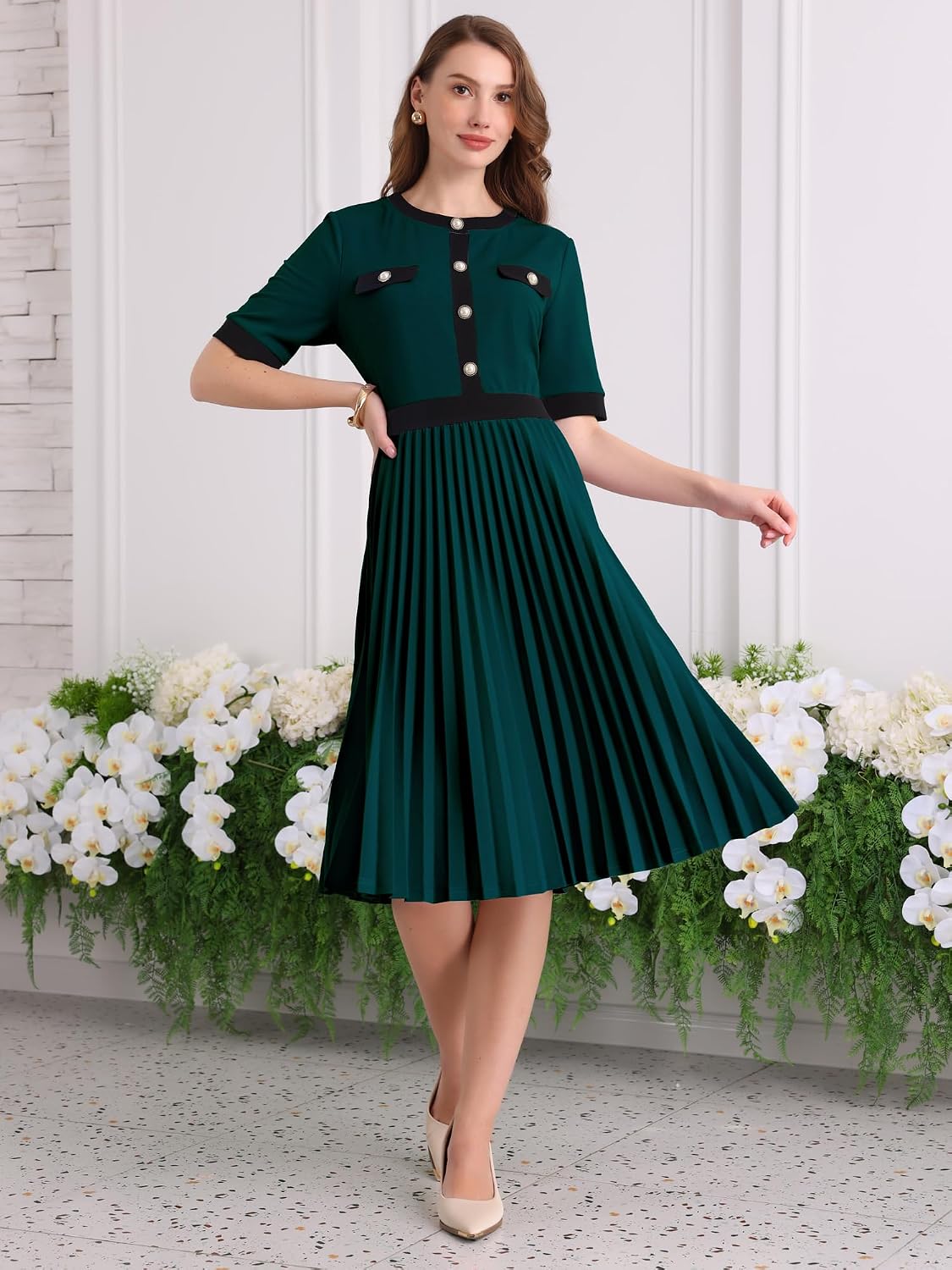 Hobemty Women's Short Sleeve Pleated Dress 2025 Trendy Contrast Color Casual Work A-Line Midi Dresses