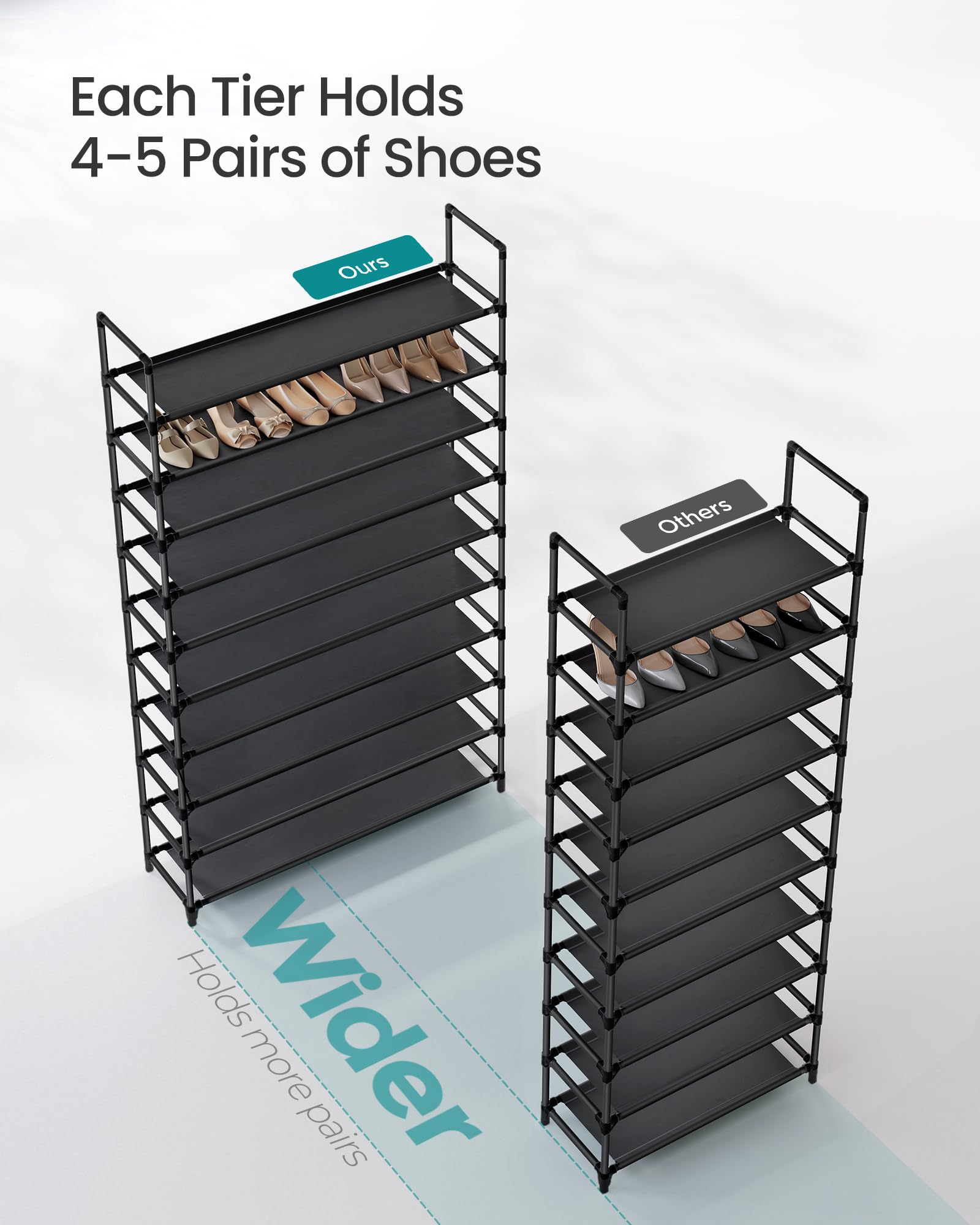 SONGMICS Zapatero, estante para zapatos de 10 niveles, organizador de | Marco de metal, estantes de tela no tejida, 11 x 37 x 68.9 pulgadas, para entrada, dormitorio, tinta negra ULSH11H