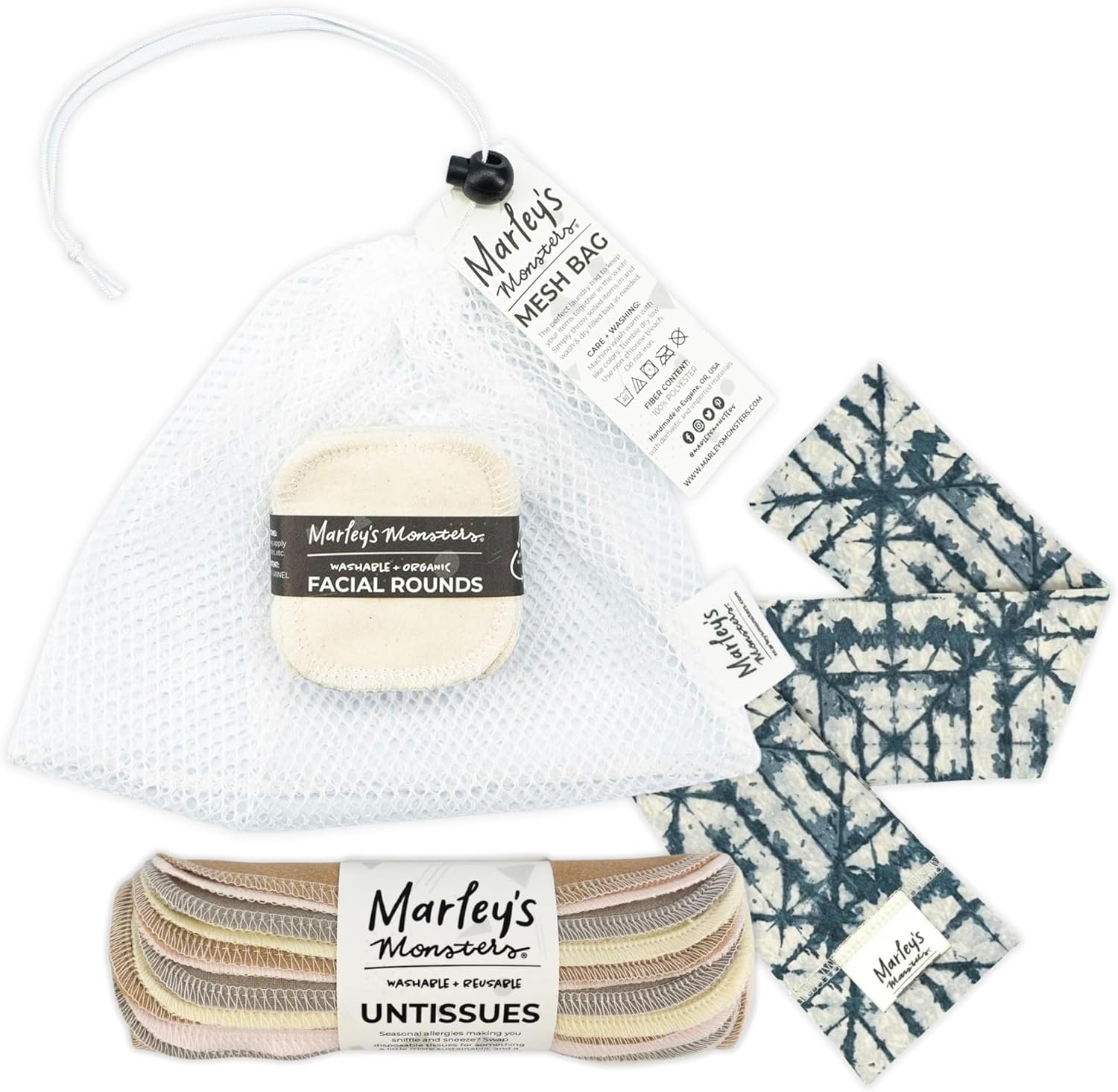 Marley’S Monsters - Reusable Cotton Facial Rounds Pack (20 ct Natural Color) with Laundry Bag, Reusable Cotton Facial Tissues (12 pk Bare Color), and Microwavable Heating Pad (Indigo Shibori)