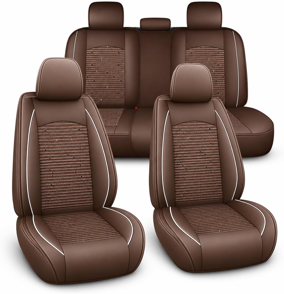 Car Seat Covers Full Set, 5 Seats Universal Seat Covers for Cars, Ice Silk Breathable Fabric& Faux Leather Auto Seat Cushions, Front and Rear Seat Protectors Fit for Most Sedans SUV Truck, Brown