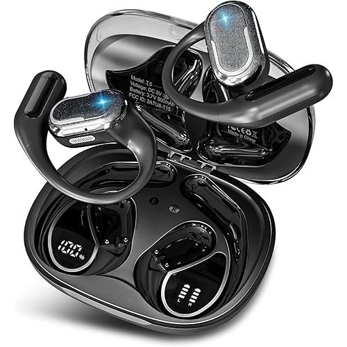Open Ear Earbuds, Bluetooth 5.4 Headphones with LED Display, 46Hrs Playtime, ENC Noise Cancelling, IPX5 Waterproof, Ergonomic Earhook Design for Running, Workout, Sports