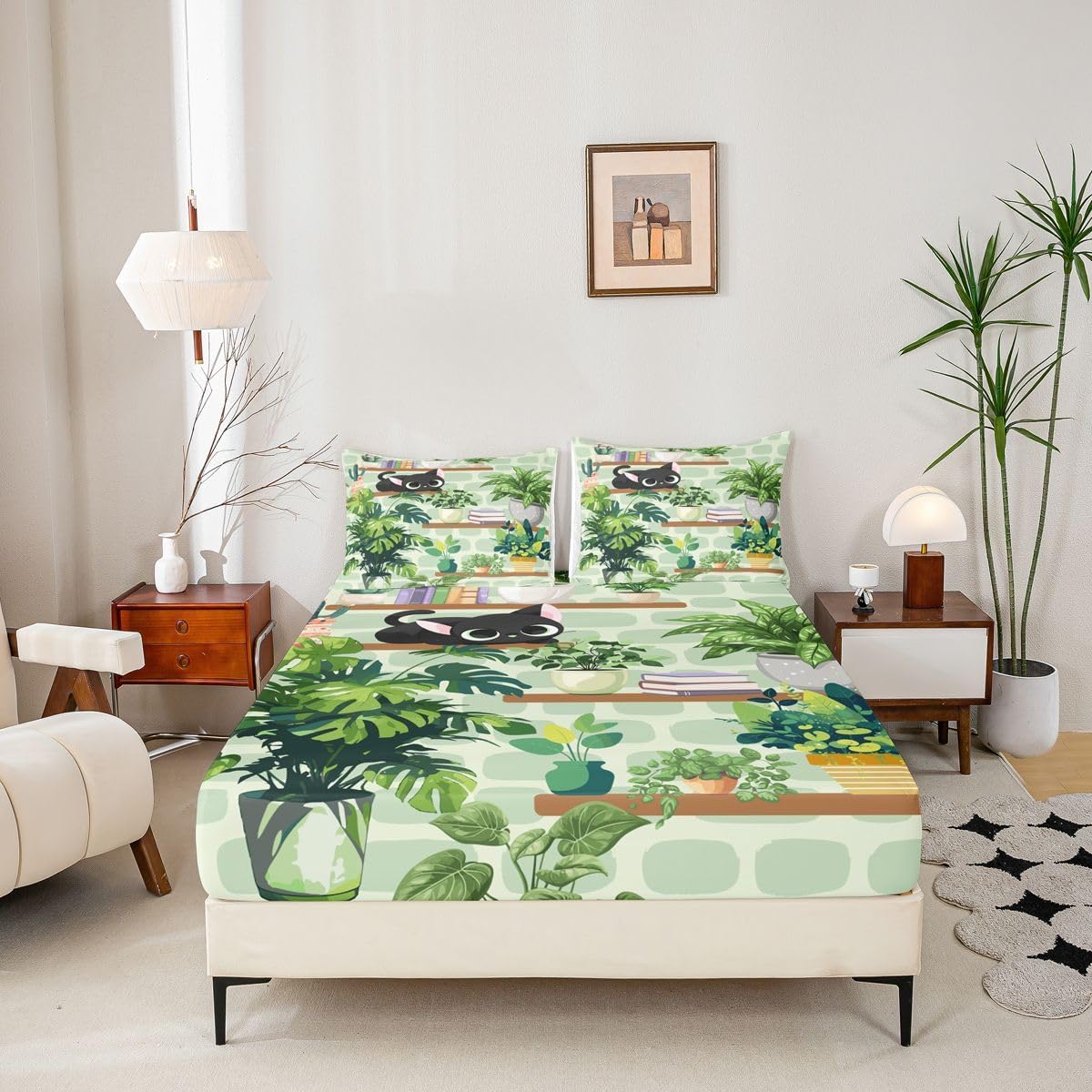 Erosebridal Cartoon Cat Bed Sheets Full Flower Leaves Sheet Set, Pet Animal Paw Soft Lightweight Bedding Set, Green Garden Wildlife Fitted Sheet with Deep Pocket