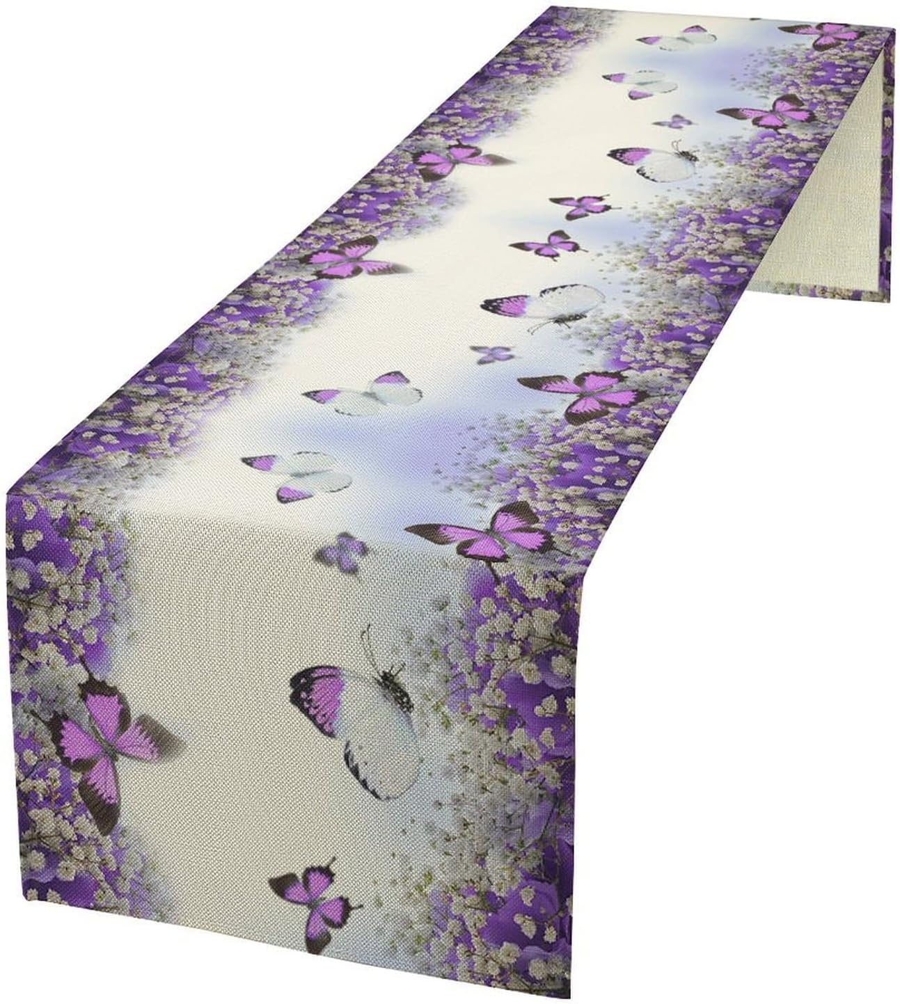 Butterfly Table Runner Spring Botanical Floral Nature Landscape Scenic Printed Purple Dinner Runner Table Decoration for Farmhouse Country Home Kitchen Holiday Parties 90X13inch