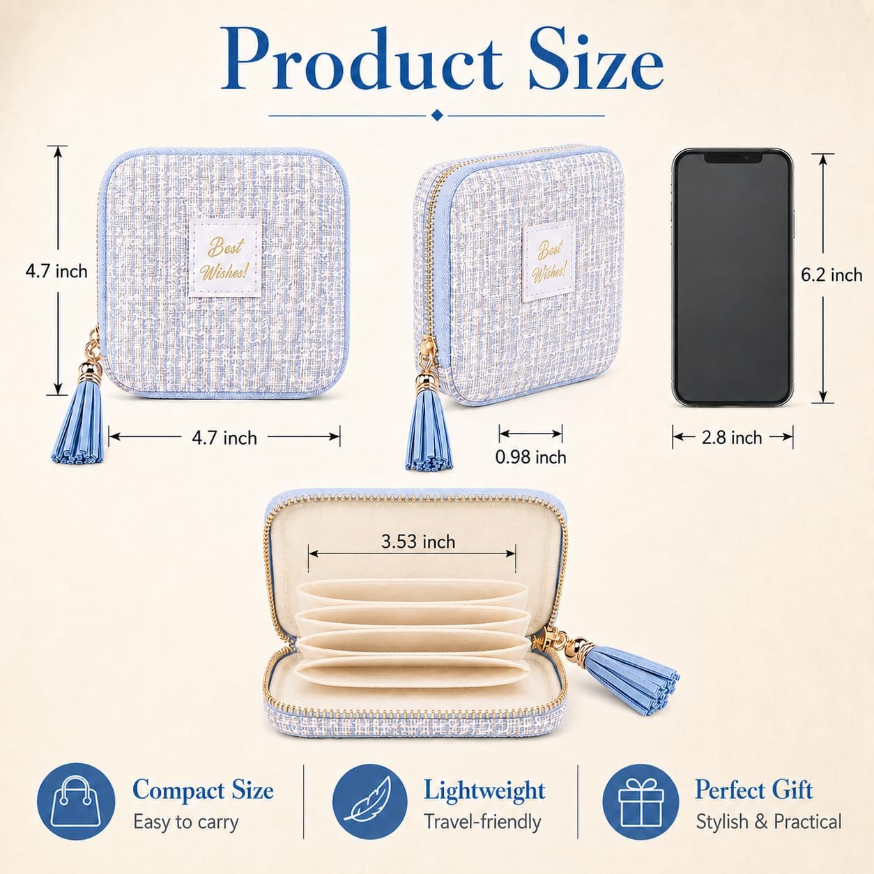 Small Travel Jewelry Case, 5-Layer Velvet Jewelry Organizer Storage Bag with Zipper, Mini Portable Pouch for Bracelet Rings Earring, Anti-Scratch Jewelry Pouch Gift for Women Girls（Blue Whisper） image 2