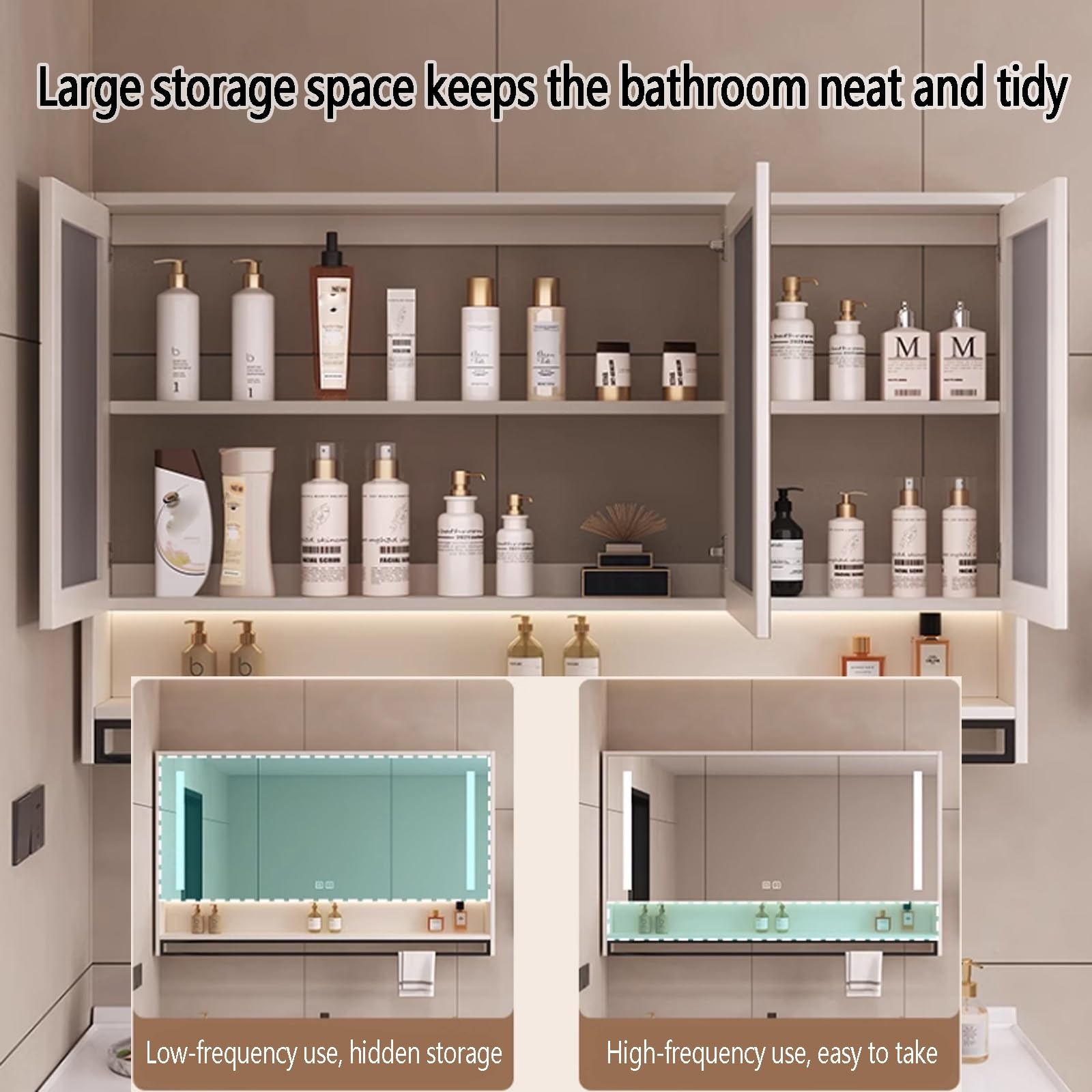 LED Armario de Baño Rectangular con Luz LED madera maciza,Armario con Espejo Antivaho de Maquillaje Inteligente,Gabinete De Espejo De Tocador De Baño Montado En La Pared,Con toallero,(White,90*13*65cm