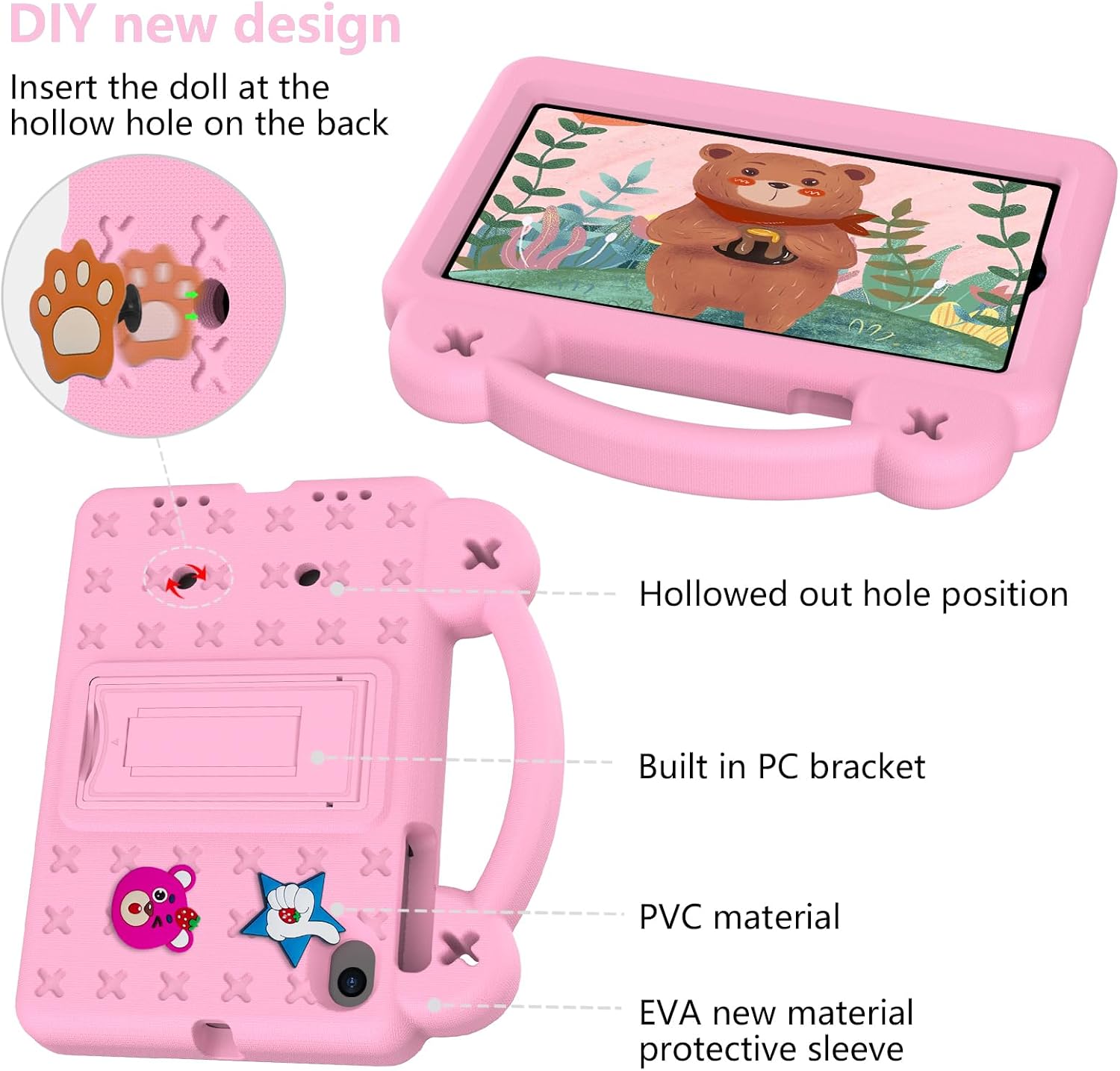 Dteck Case for Onn 7" Tablet 2024 Gen 4, Strawberry Panda Shockproof Rugged Lightweight Convertible Stand Handles Kids Friendly Case for Onn 7 inch 4 Gen Tablet 2024 (Model:100135924),Pink image 4