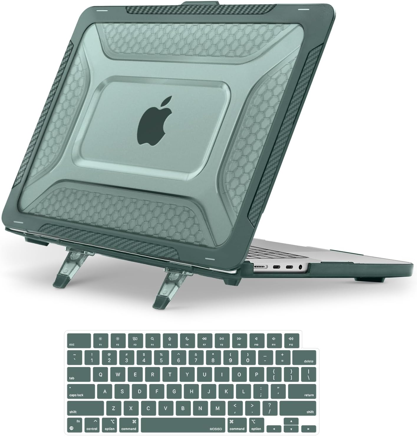 MOSISO Compatible with MacBook Pro 16 inch Case 2025-2021 M4 M3 M2 M1 A3403 A3186 A2991 A2780 A2485, Honeycomb Shockproof TPU Bumper Hard Shell Case with Fold Kickstand&Keyboard Skin, Emerald Green