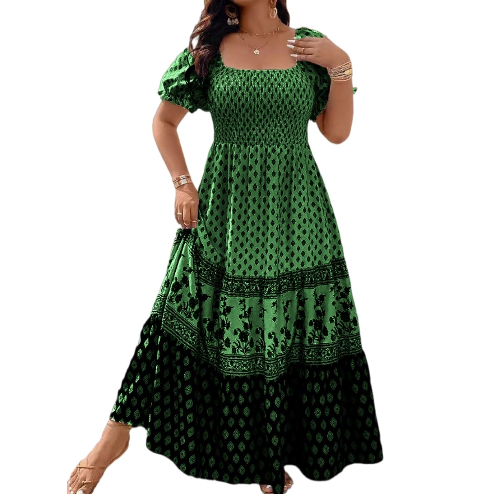 Vestito Donna Bohemian Smoked Dress Floral Stampa Manica Corta Vacanze Estatali Sundress-Black-XXXL-United States