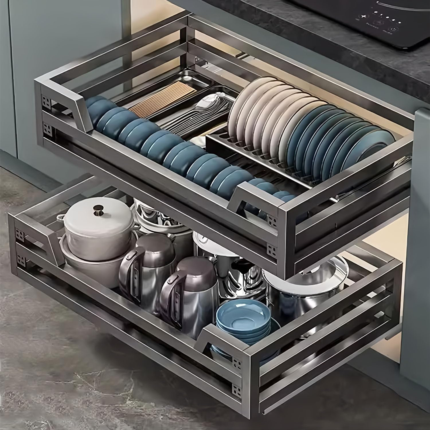 Lot de 2 étagères coulissantes à décoller et coller sous l'évier - Solution de rangement pour cuisine, salle de bain, garde-manger, placard de 42 cm de profondeur