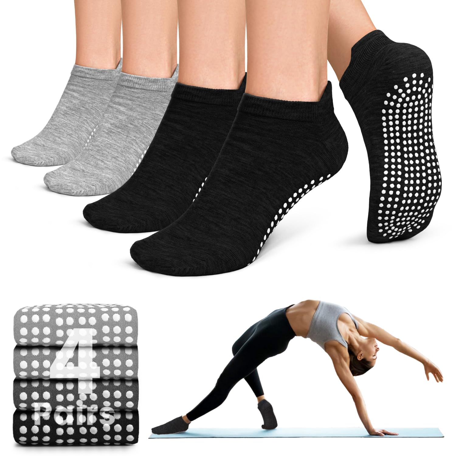 yeuG Pilates Socks for Women Non Slip Grip Socks for Yoga, Barre, Hospital, Barefoot Grippy Yoga Sock Womens Gifts 4 Pairs