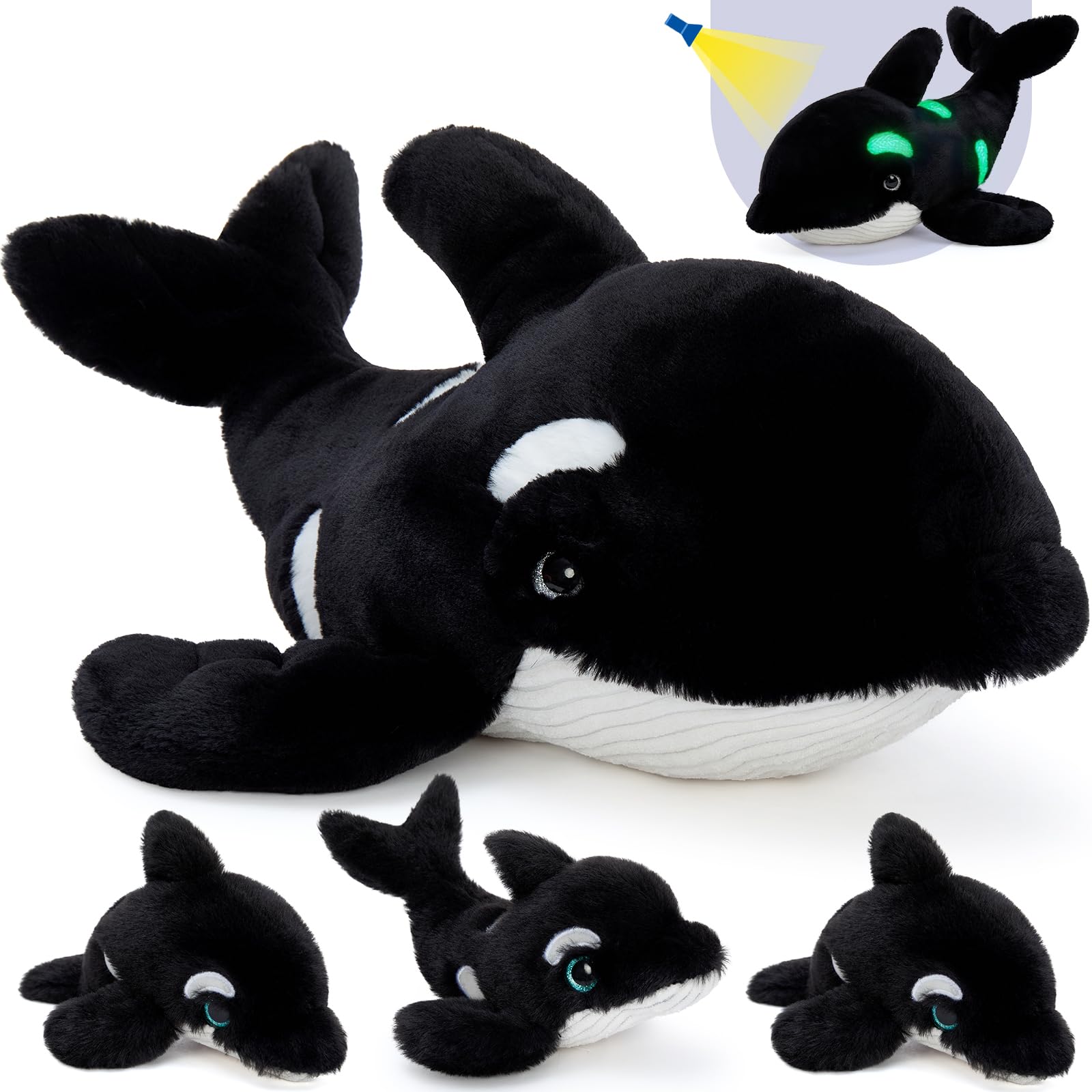 MorisMos Orche Peluche 60cm, Blu scuro Balena Mamma con 3 Bambino, Realistico Morbido Kawaii Giocattolo di Peluche Regalo per Bambini Compleanno Natale Deco
