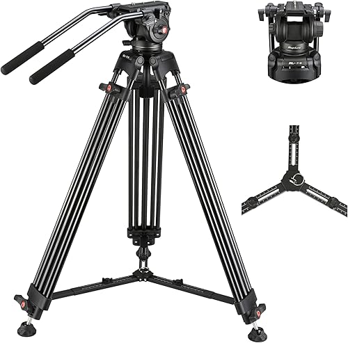 Vista 9 de MagicLine Trípode para cámara de video de aluminio resistente de 68.7 pulgadas con cabezal fluido, 2 asas de barra panorámica, separador de tierra