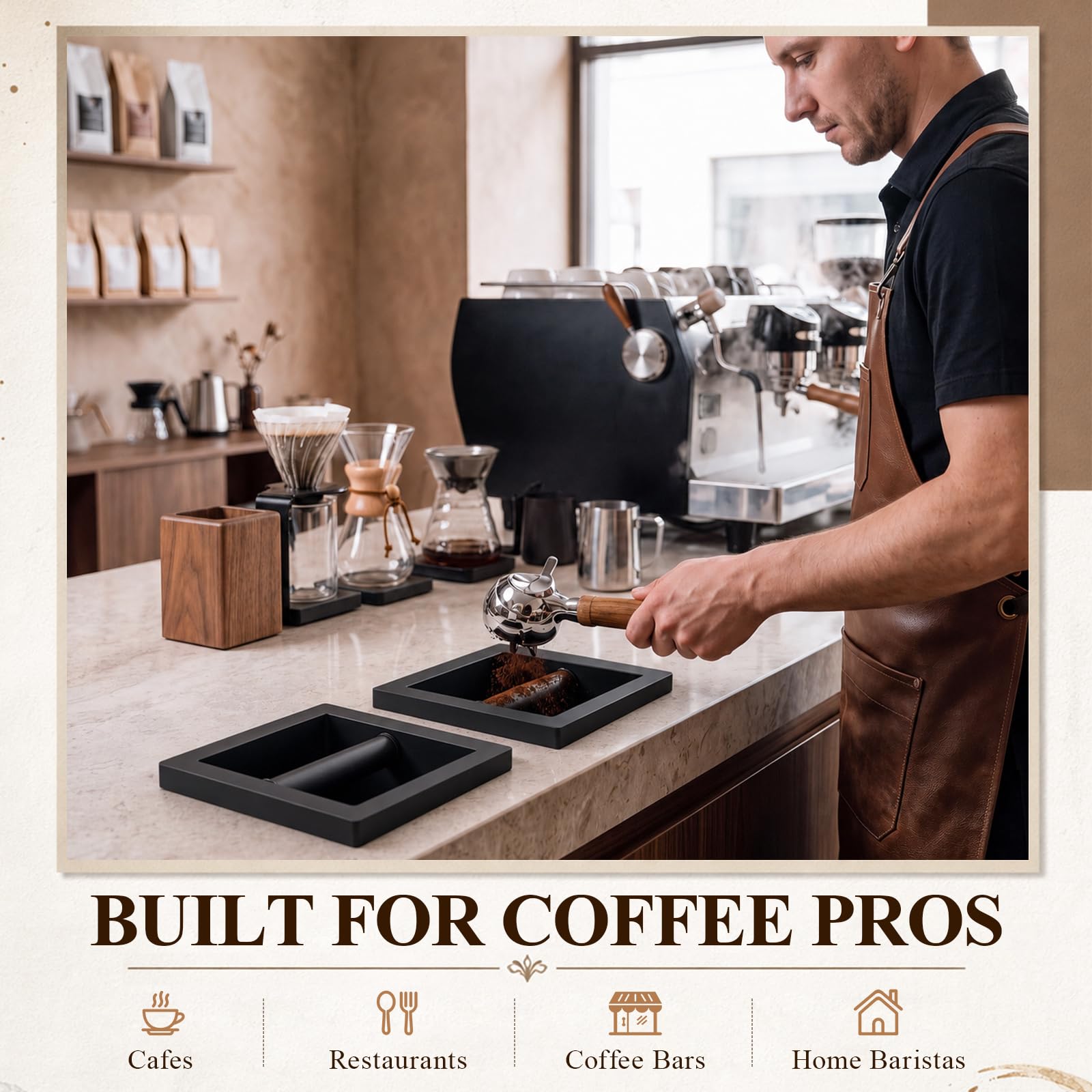 Mimorou Confezione da 2 contenitori per caffè espresso, in acciaio inox, con barra in gomma rimovibile, fondo aperto integrato, per casa, caffè, bar, bar e bancone