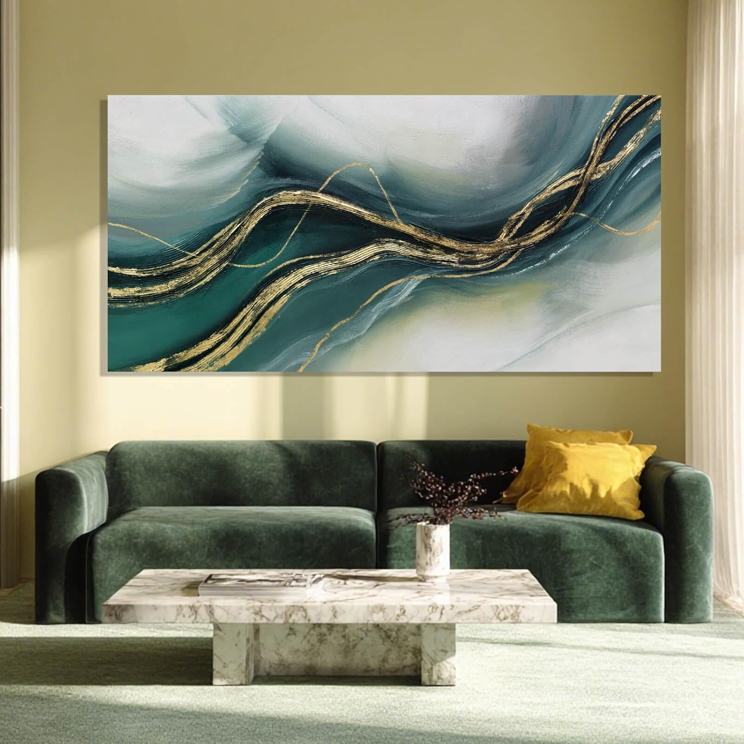 ZENPEE Gold Home Decor, Canvas Wall Art, Green Large Abstract Art for Living Room, Office, Bedroom & Dining Room, 24" x 48"