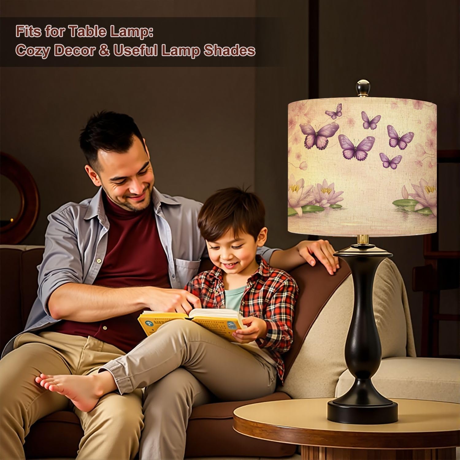 Purple Lampshades Floral Lamp Shades set of 2 Blooming Lilies Butterflies Wall Art Soft Pastels Light Shade for Table Lamps Floor Lamps Drum Lamp Shades Lampshade Replacement