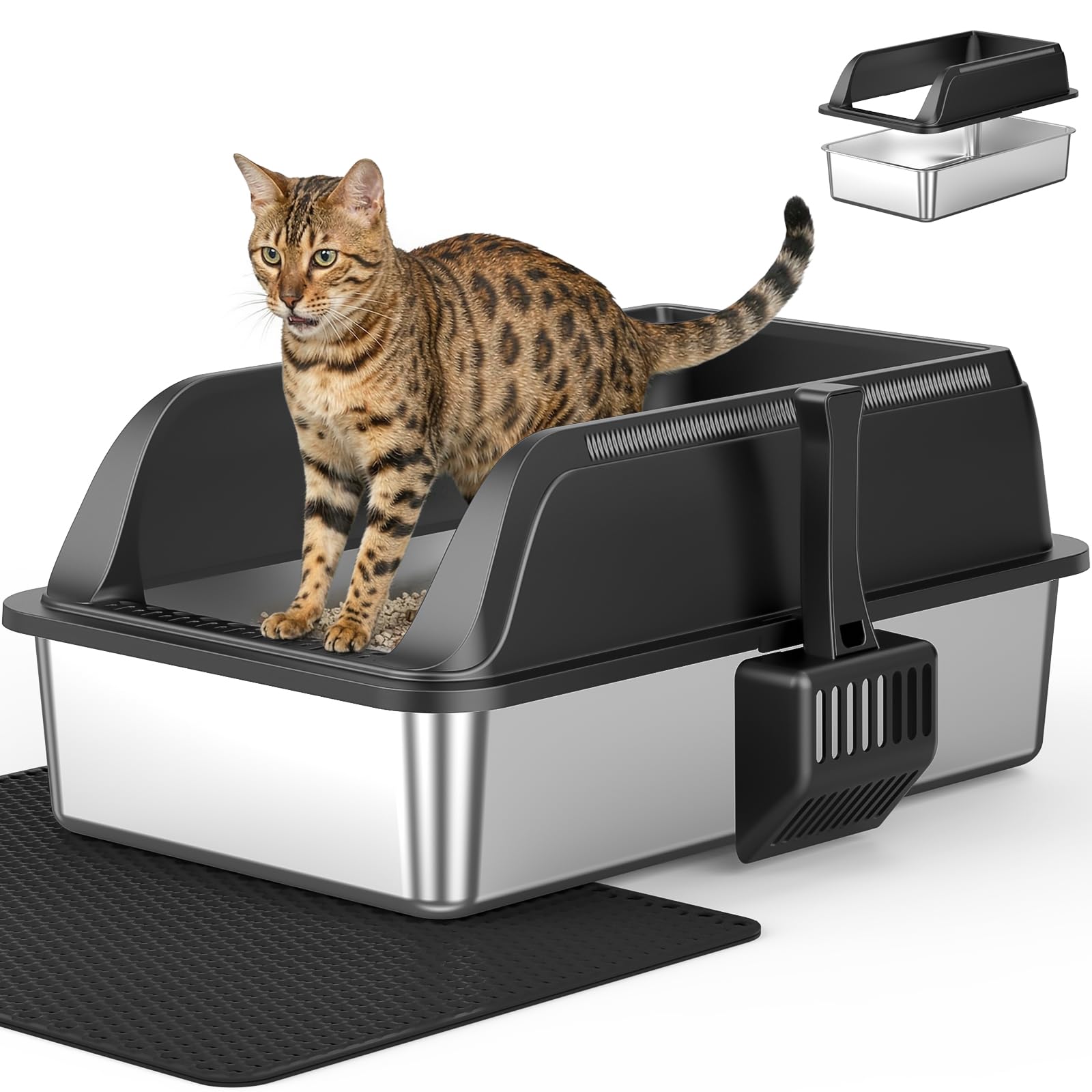 1-Pack Stainless Steel Cat Litter Box, XL High Sides, Black