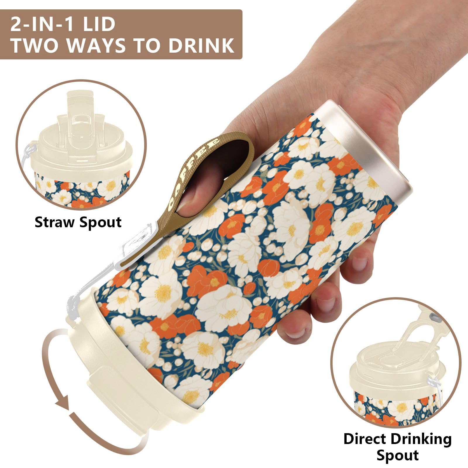 linqin Taza grande de café de viaje con diseño de flor roja, taza Togo con tapa, tazas térmicas de acero inoxidable para bebidas calientes y frías, 17 onzas, a prueba de fugas