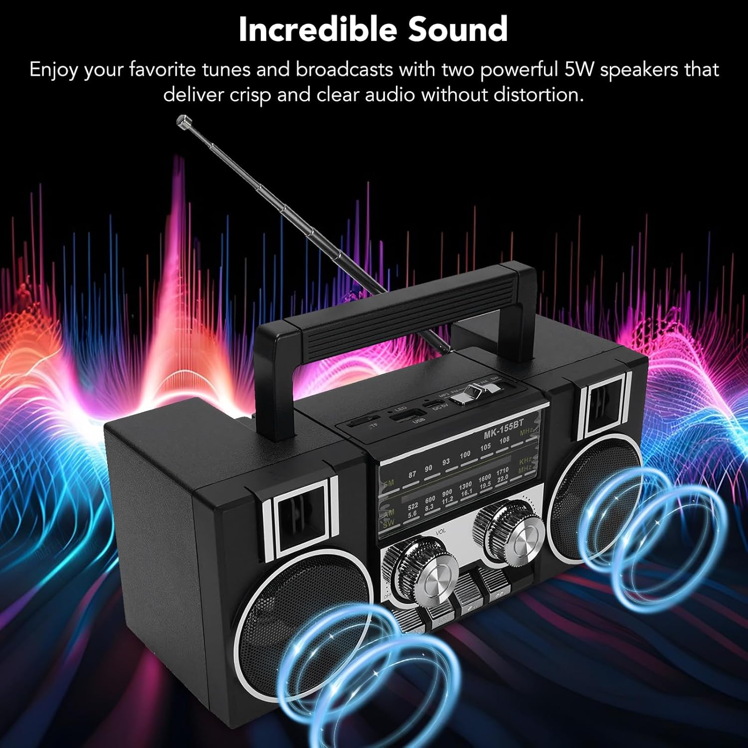 Portable Radio with Bluetooth Speaker, AM FM SW Digital Radio Recorder, Built in Rechargeable Battery, Dual 5W Drivers, Support TF Card & USB Playing, for Home, Outdoor (Black)
