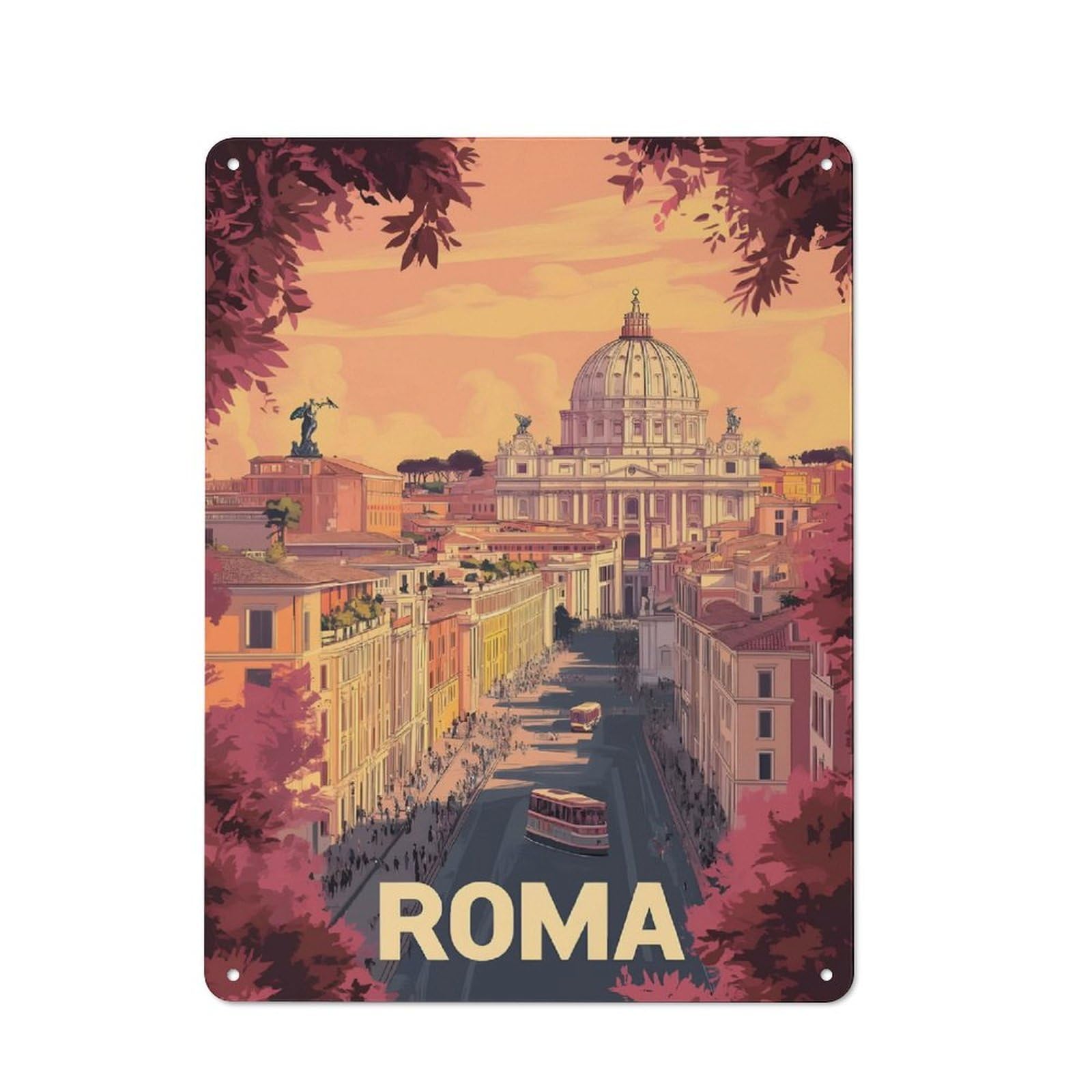 Tin Wall Plaque 40x30cm with Rome Cityscape for Hallway Wall, A Decorative Metal Sign for Hallways And Entrance Areas
