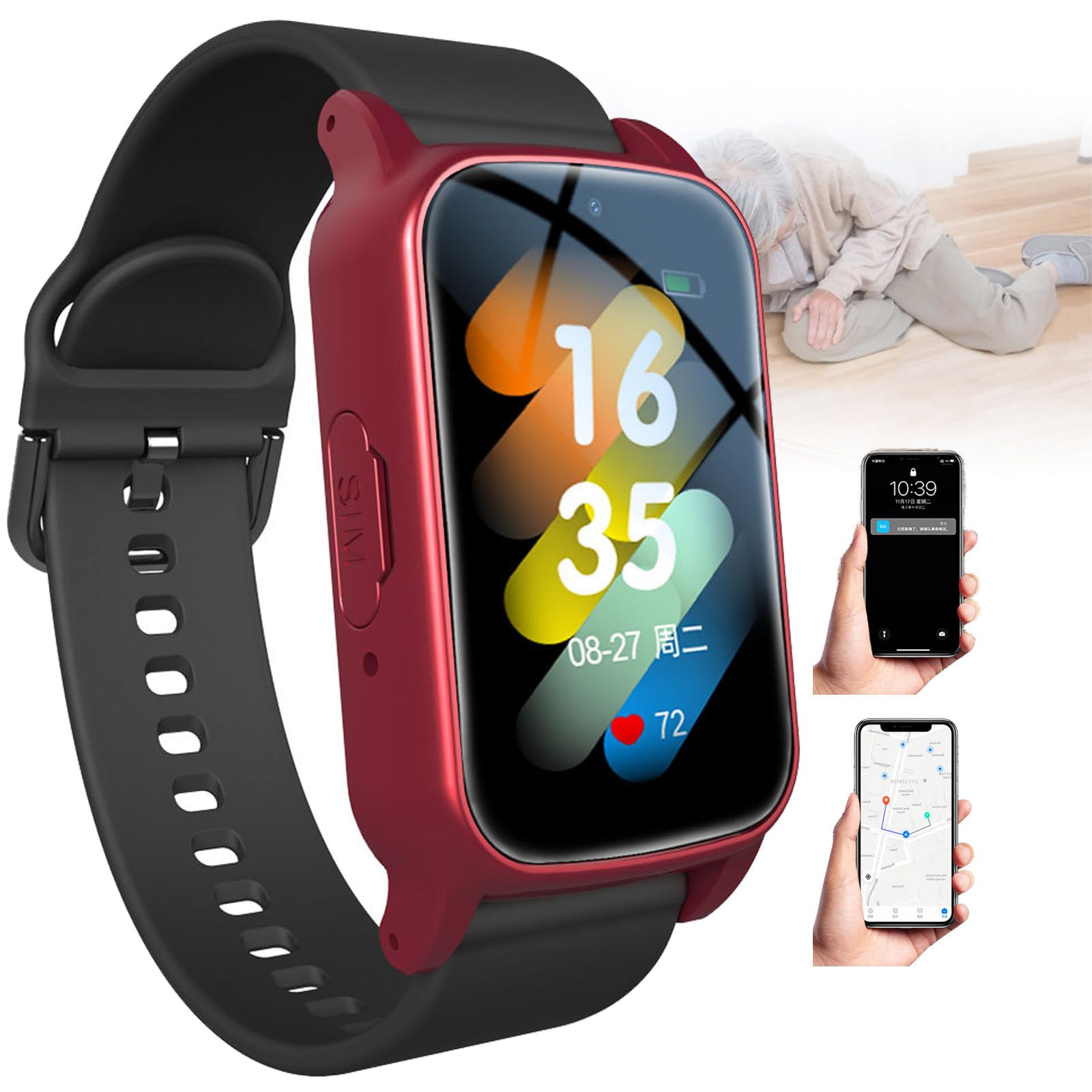Smartwatch Z Wykrywaniem Upadku Dla Osób Starszych,Zegarek Z Lokalizatorem Gps Dla Pacjentów Z Demencją I Autyzmem,Z Funkcją Połączeń Sos,Monitorowanie Stanu Zdrowia,Połączenia Wideo HD Red