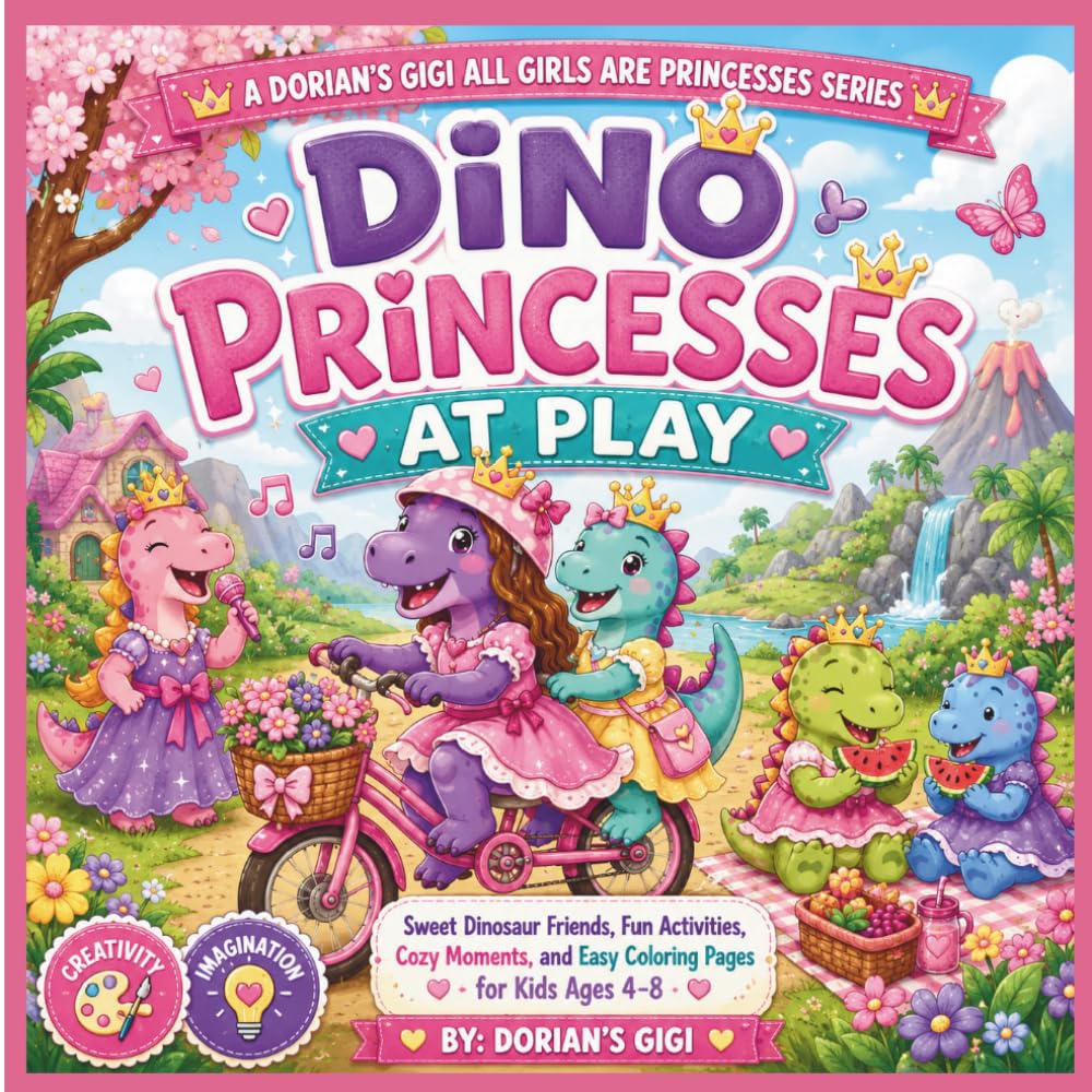 DINO PRINCESSES AT PLAY: SWEET DINOSAUR FRIENDS, FUN ACTIVITIES, COZY MOMENTS, AND EASY COLORING PAGES FOR KIDS 4-8 (DORIAN'S GIGI ALL GIRLS ARE PRINCESSES SERIES)