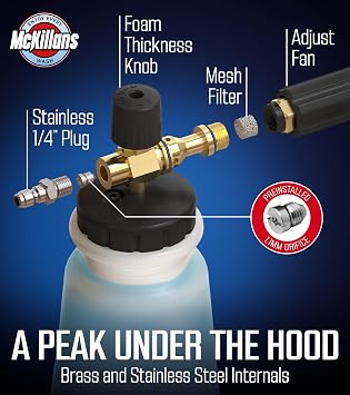 McKillans Pressure Washer Gun with Swivel & Foam Cannon Wide Mouth & M22-14mm Adapter - Adjustable Thick Foam - Power Washer Gun - 3/8 Male Plug & 1/4 Quick Connector Coupler