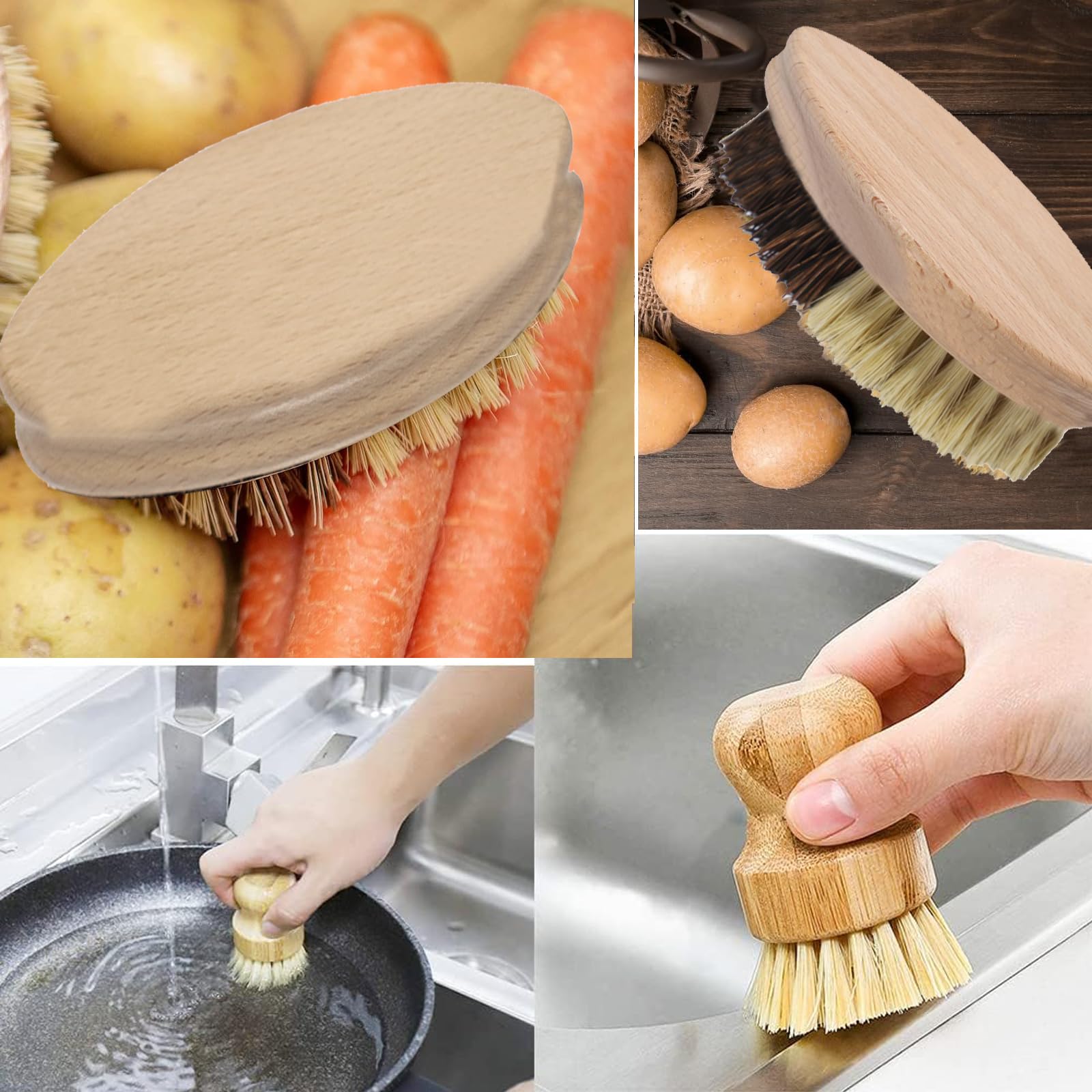 Spazzola Per Verdure Naturale Con Doppie Setole - Morbida E Dura - Manico In Legno Per Pulire Frutta E Ortaggi - Foto 5