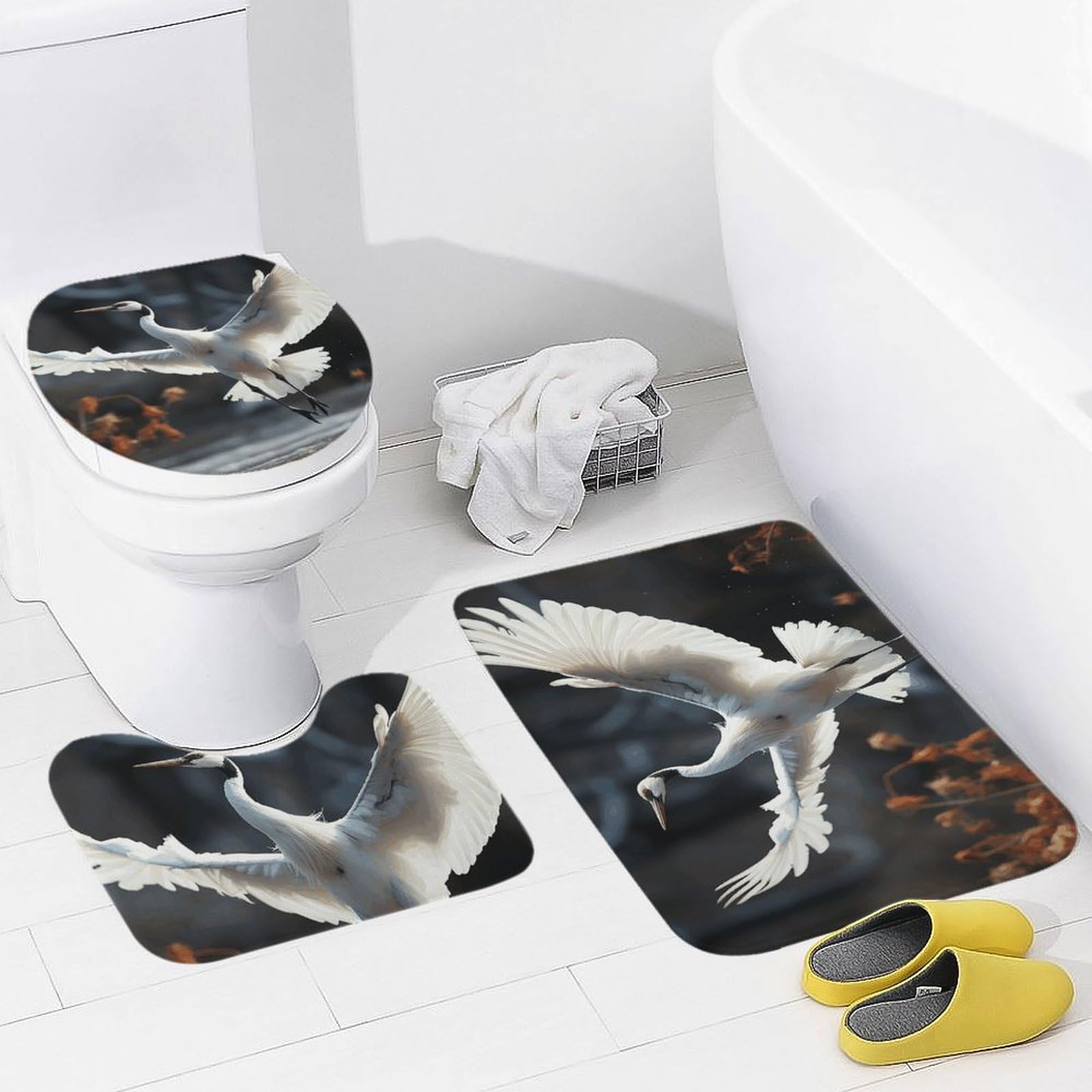 3 Piece Bathroom Rugs Sets Soft Absorbent Bath Mat for Bathroom Non Slip Bath Rugs and U-Shaped Contour Toilet Rug Crane Dancing Bath Mat Carpet for