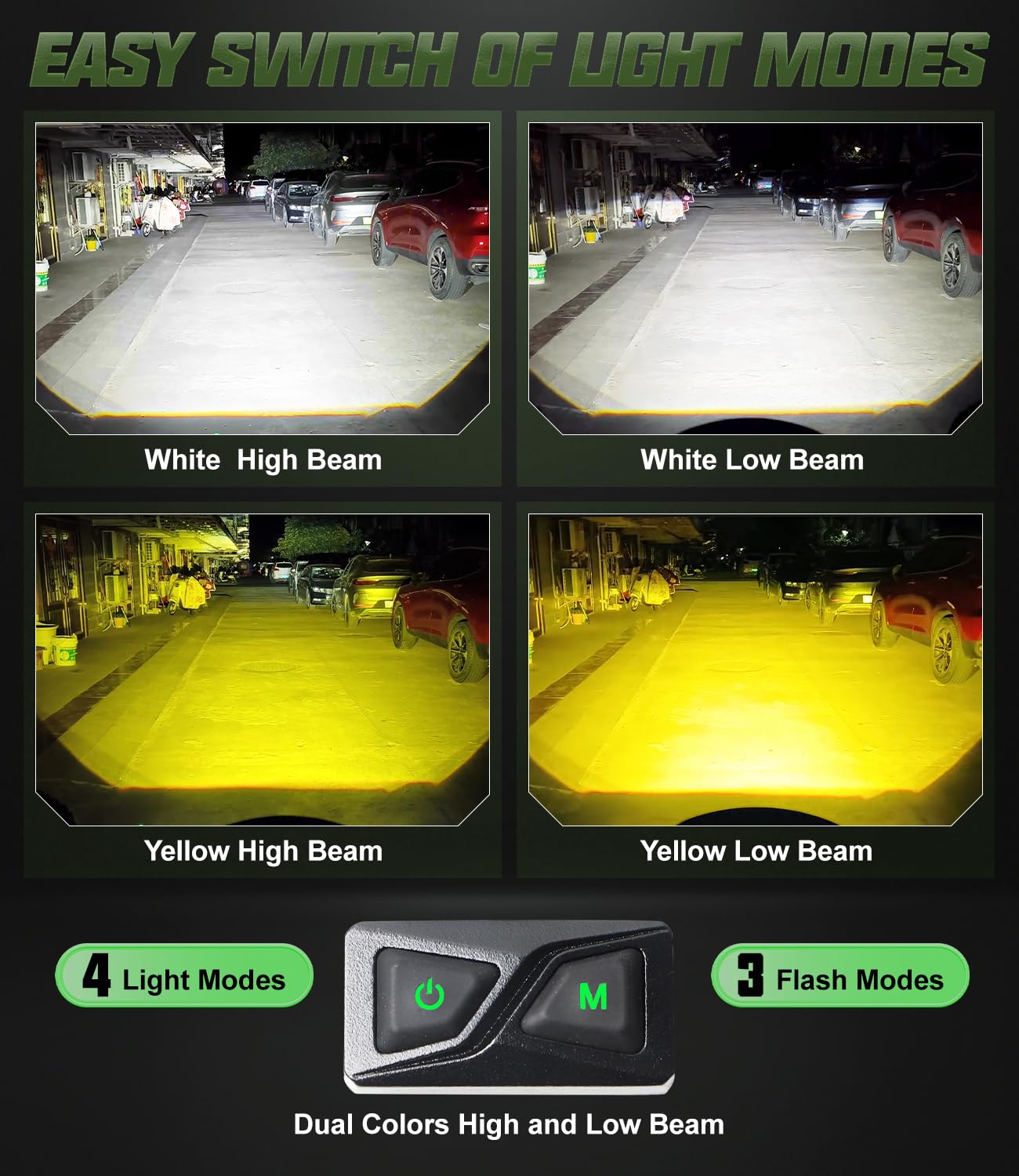 EXZEIT Motorcycle Auxiliary Light Kit, White and Yellow High Low Beam Driving Lights Fog Light, Compatible with Motorcycle ADV ATV UTV Car Truck, 12V/24V