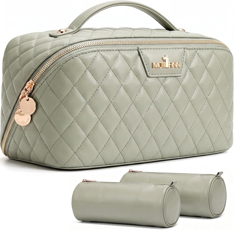 MOT HINN Necessaire de maquiagem acolchoada com 3 compartimentos, cor 04 Matcha Green, Pacote com 3