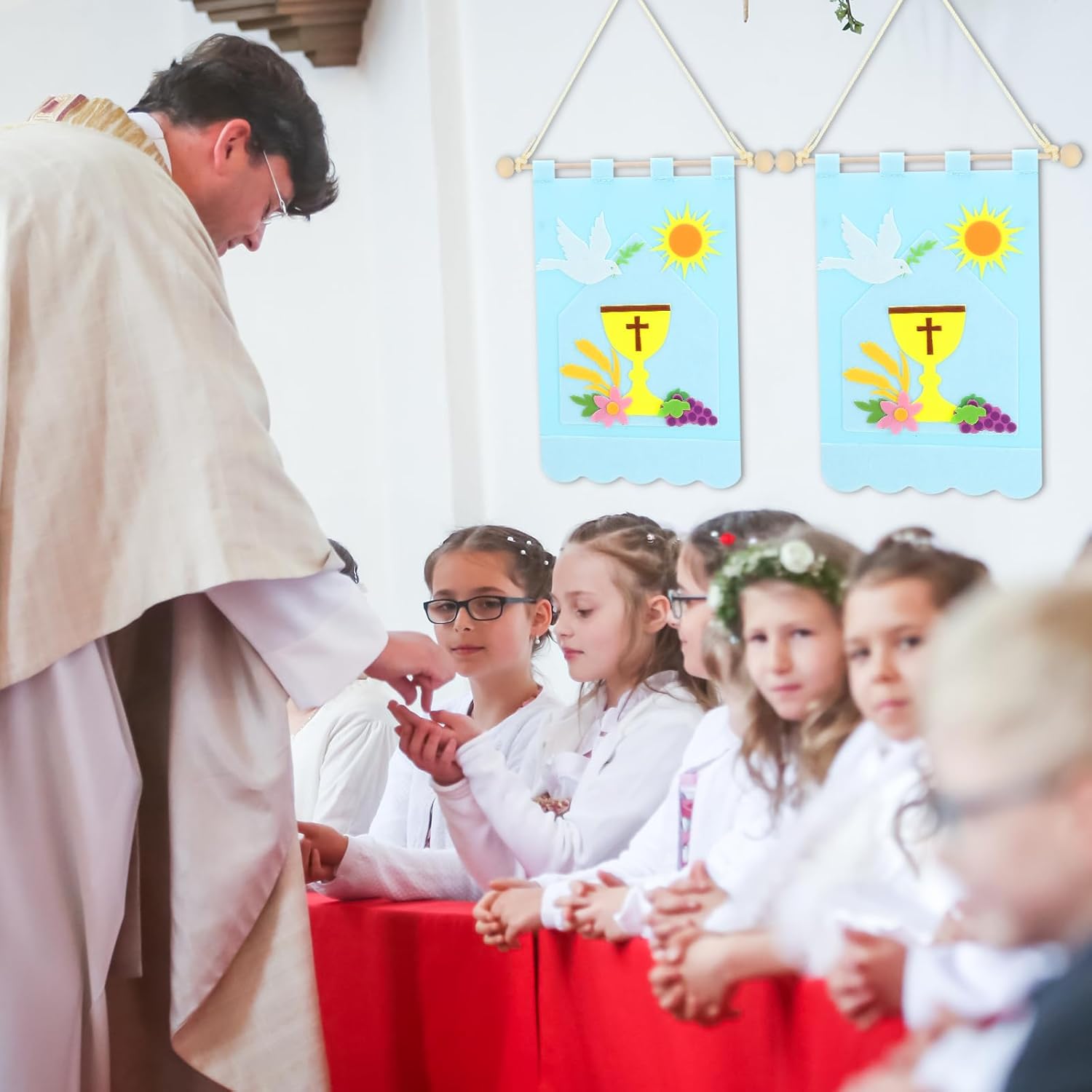 Mindsoft 24 Set First Communion Banner Craft Kit Felt Holy 1st Communion Banner Church and Sunday School Crafts for Kids DIY Craft Supplies Decor, 9 x 12 Inches (Vibrant Color)