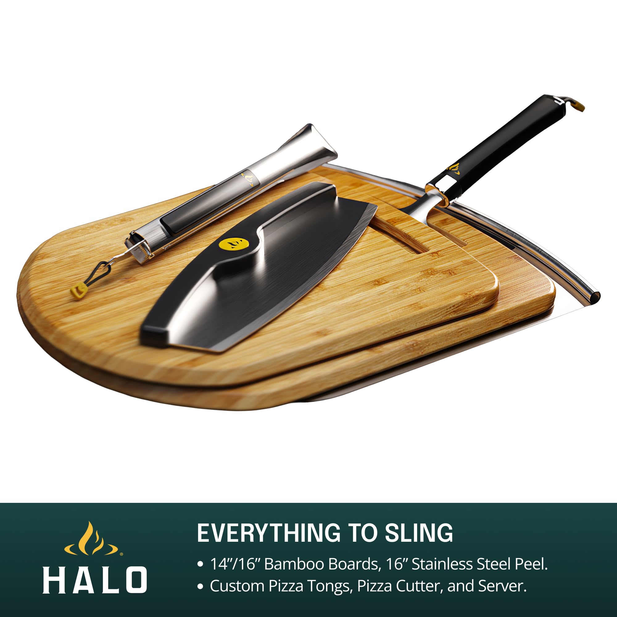 HALO Zestaw do pizzy Cook & Serve, najwyższej jakości skórka ze stali nierdzewnej, krajalnica do pizzy w stylu Mezzaluna, bambusowe deski do krojenia, wysokiej jakości szczypce do pizzy