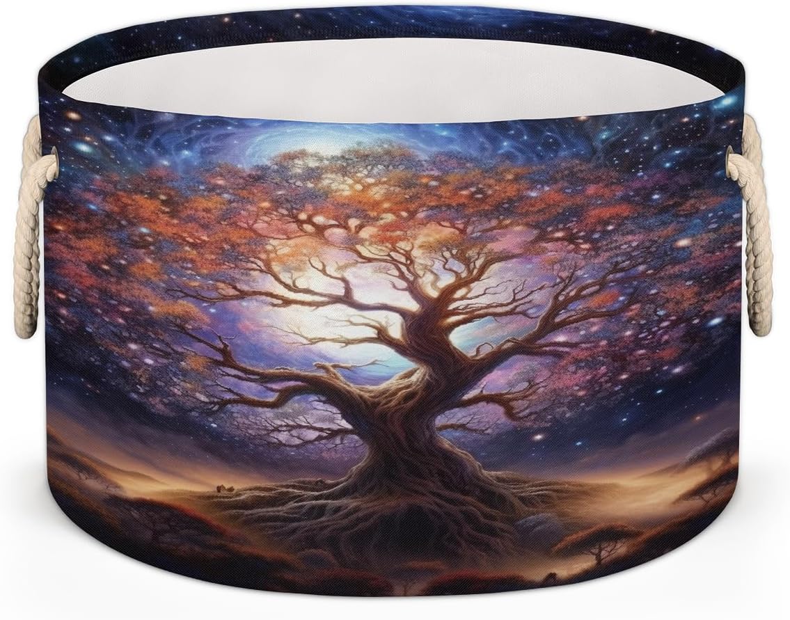 Large Round Laundry Basket Tree Of Life Art Toy Bins Organizers and Storage for Girls Canvas Collapsible Blanket Storage Basket Laundry Hamper Gift Baskets Bedroom Clothes Children Nursery