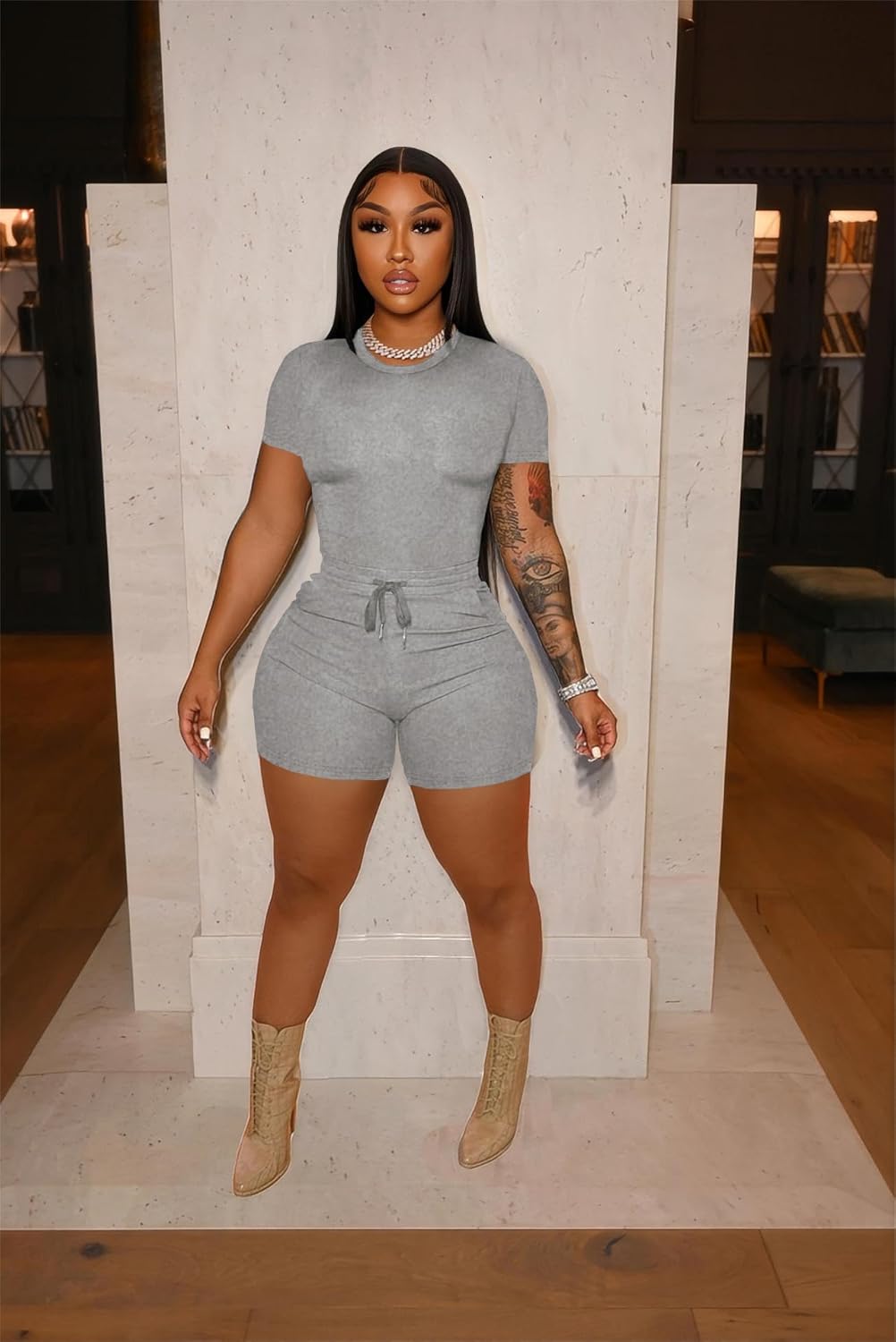 HBQ Women‘s 2 Piece Outfits Summer Sweatsuits Biker Short Workout Sets - Image 2