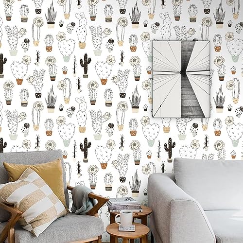 Miniatura 2 de Papel tapiz de cactus blanco y negro, 17.71 x 118.1 pulgadas, autoadhesivo, extraíble, papel de contacto floral beige, papel de contacto,