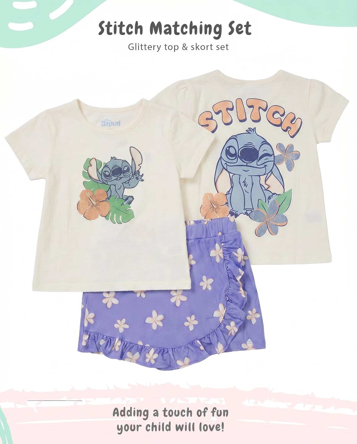 Disney Lilo and Stitch Girls Skort & T-Shirt Set, Summer Outfit, Skirt for Toddler & Little Kids