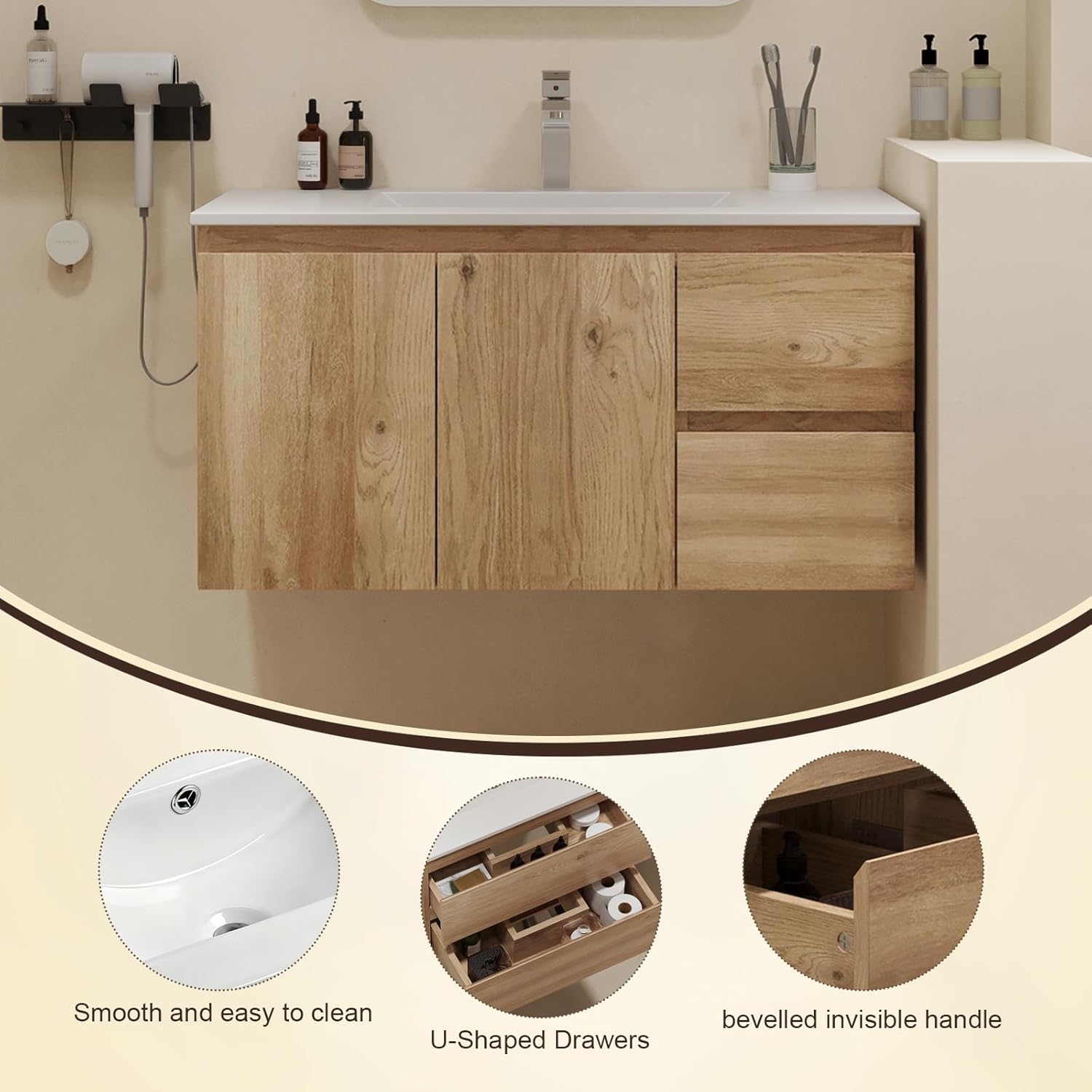 Floating Bathroom Vanity with Sink Wall Mounted Cabinet with 2 Drawers and Doors, Moisture-Resistant MDF,Large Storage for Small Space (36")