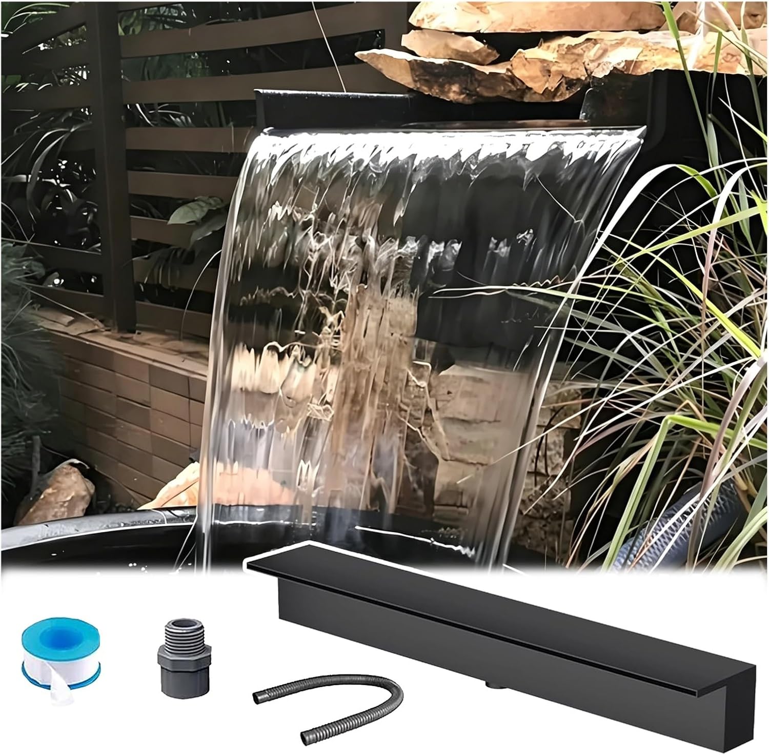 Wall Recessed Pool Sprayer Spout Fall with Fittings, 12-72in 304 Stainless Steel Overflow Pool Fountain, Pond Patio Deck Waterfall Spillway Outlet(Black,Outlet Wide 50in/127cm)