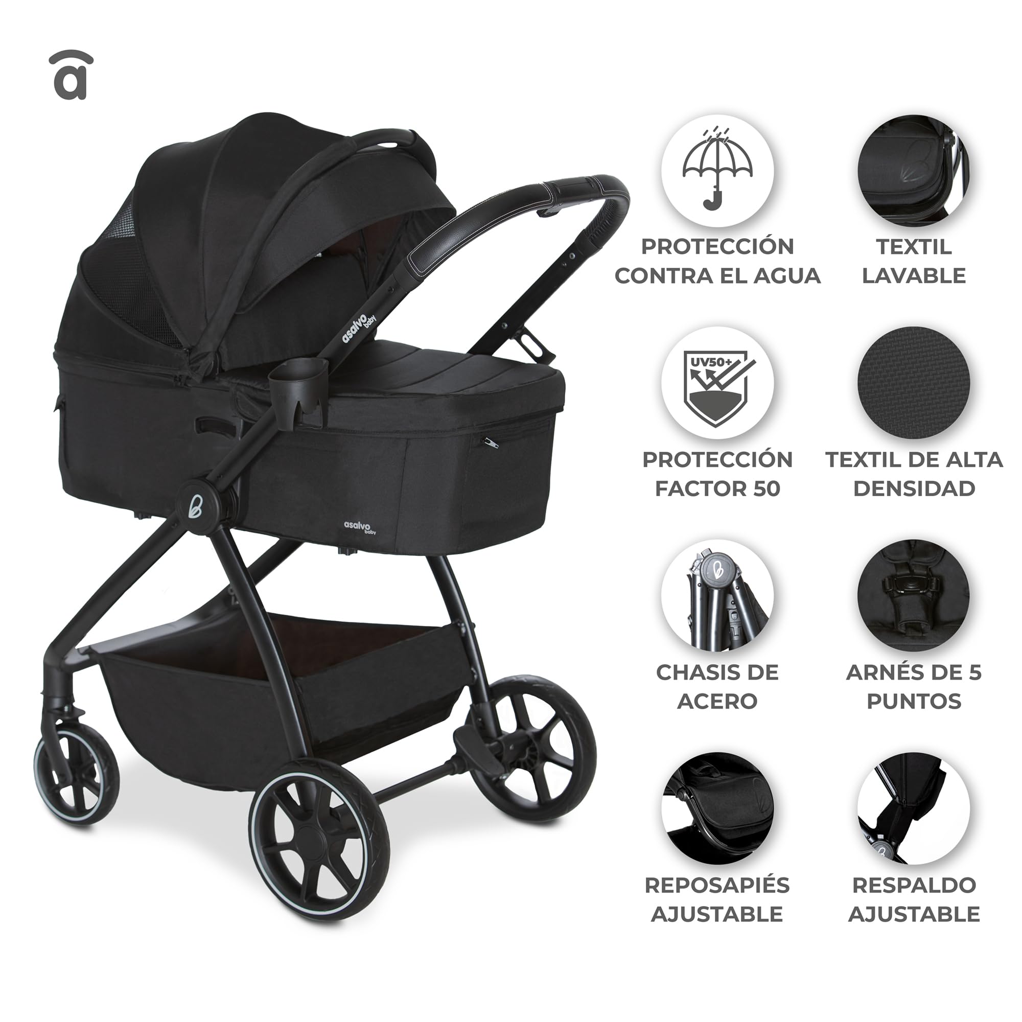 Asalvo RODAS Trío Convertible, 3 en 1, Silla de Paseo, Carrito de bebé, Silla de Auto, Confortable, Segura, Capota extensible, Suspensión en las Ruedas, Freno trasero, Carga Máxima 23 kg, Beige