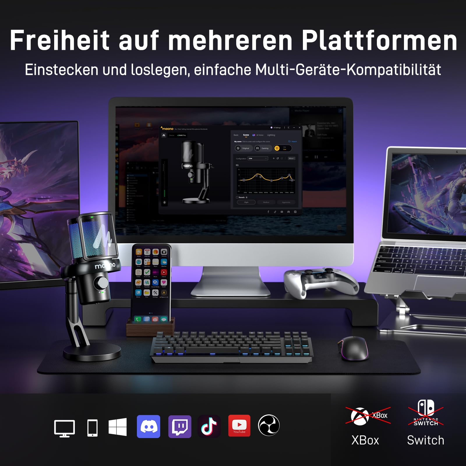 MAONO Mikrofon Kabellos für PC, Mikrofon PC mit Software-KI-Stimmänderung, 3-stufiger Rauschunterdrückung, Benutzerdefiniertem RGB-Licht, Stumm, für Gaming, Podcasting, Streaming, DM40 Pro Schwarz